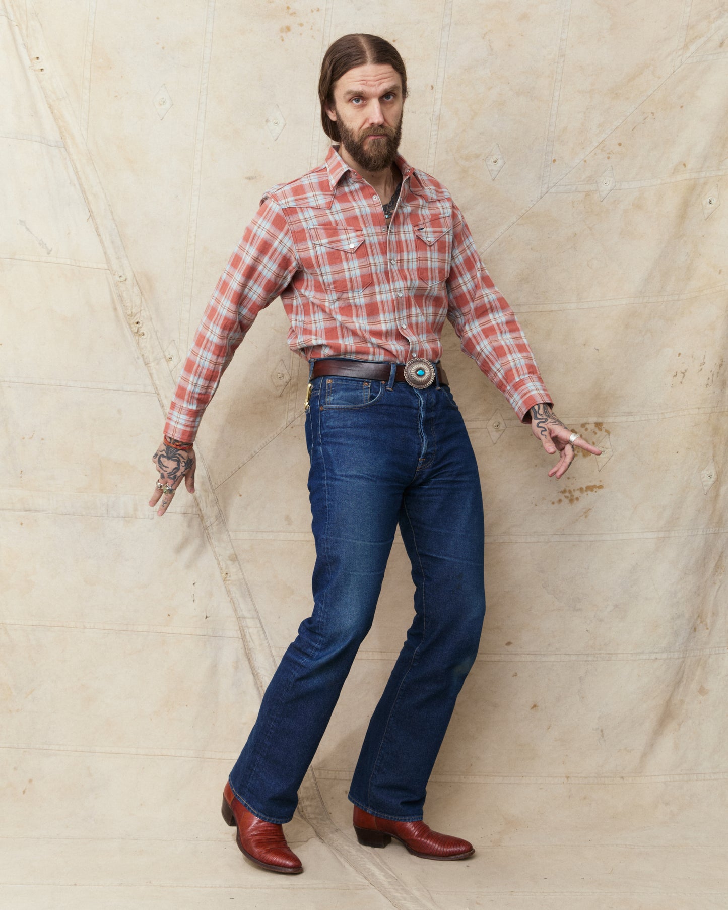 Sugar Cane & Co. SC29687 Washer Herringbone Check Western Shirt Red
