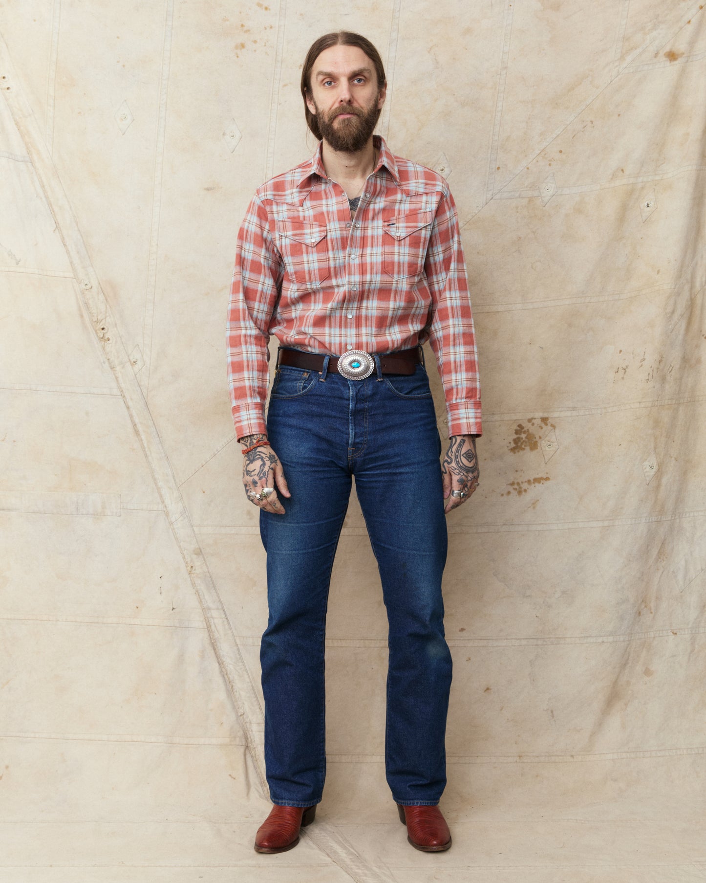 Sugar Cane & Co. SC29687 Washer Herringbone Check Western Shirt Red