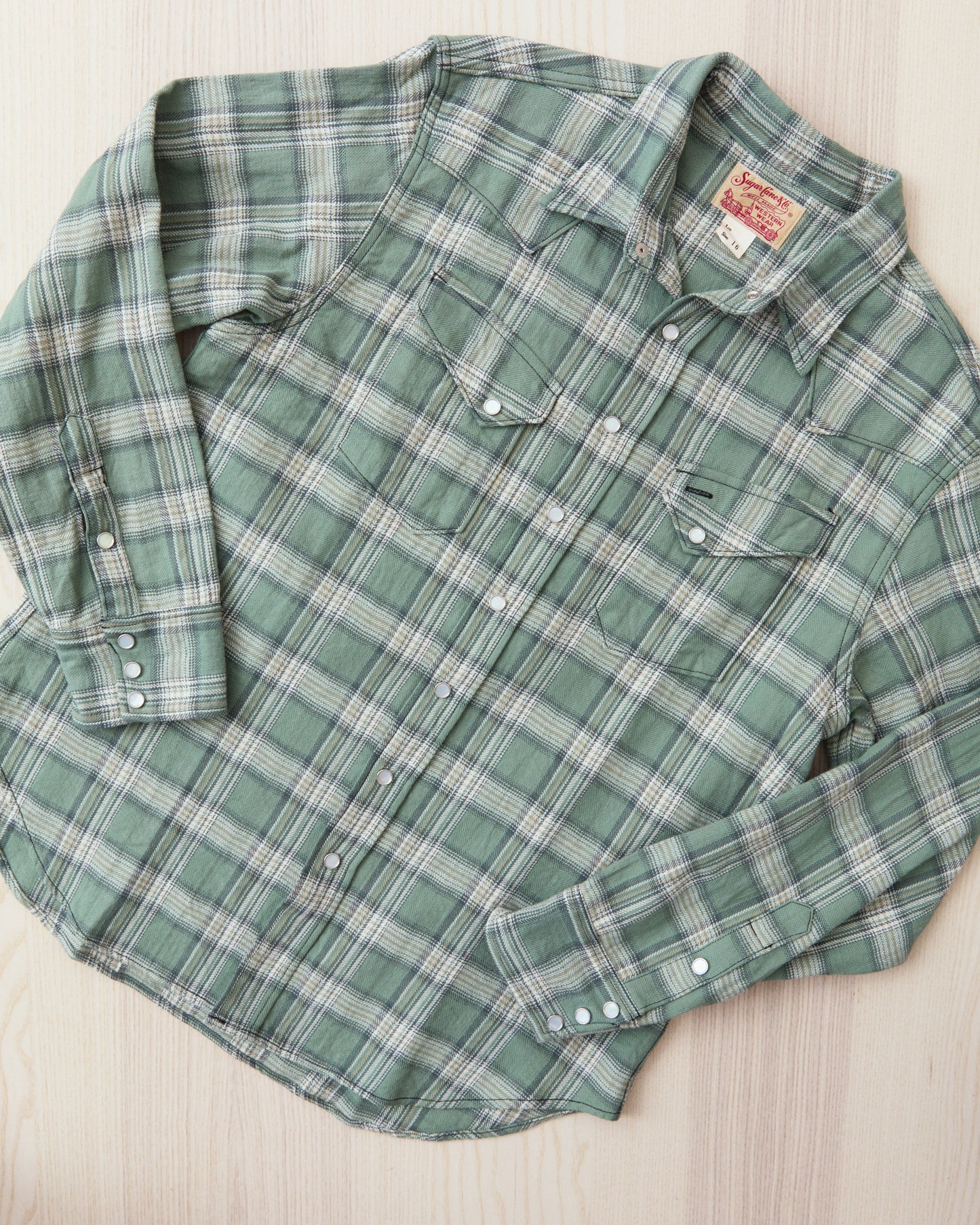 Sugar Cane & Co. SC29687 Washer Herringbone Check Western Shirt Green