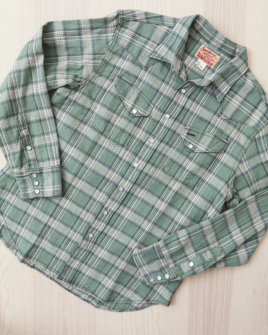 Sugar Cane & Co. SC29687 Washer Herringbone Check Western Shirt Green
