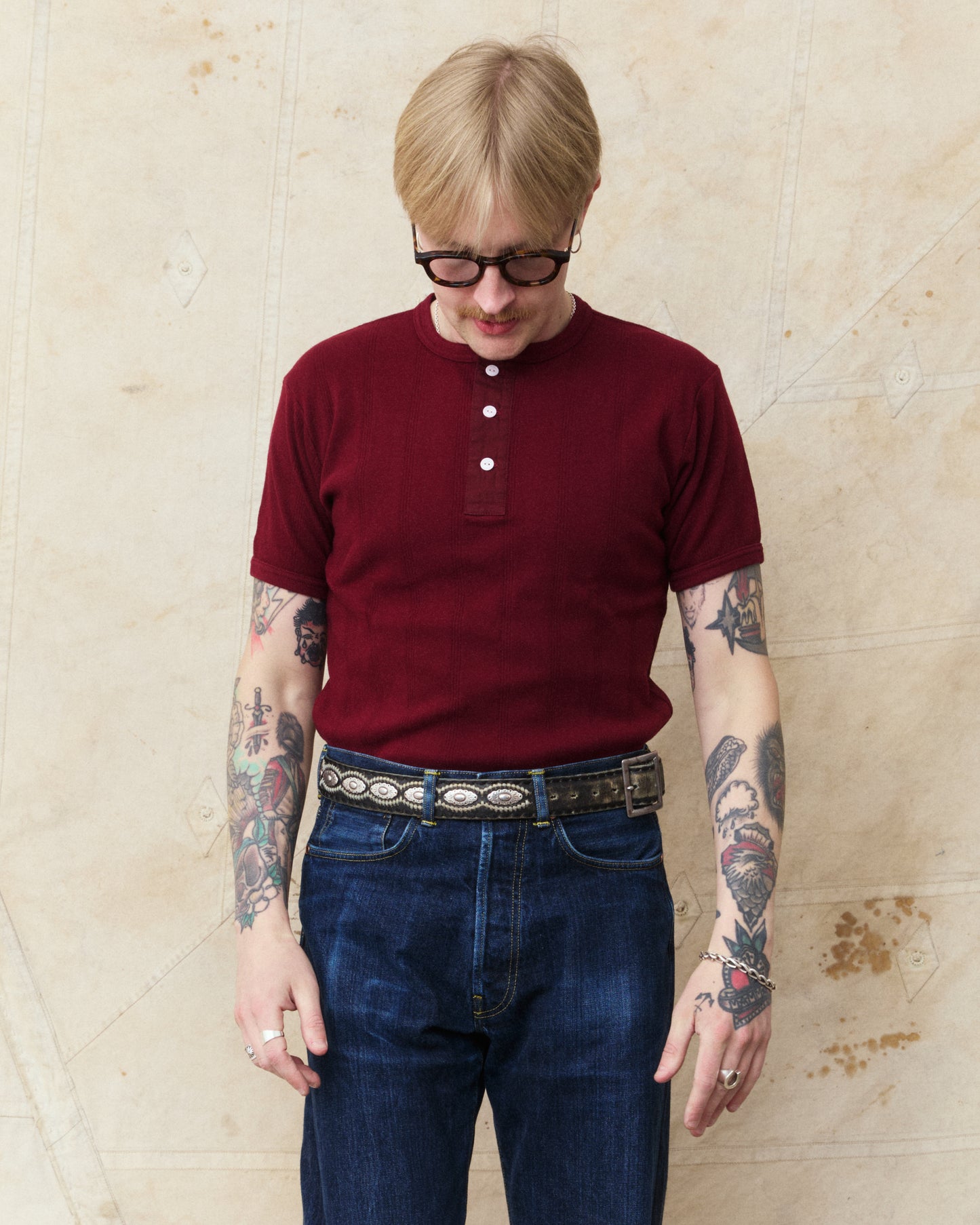 Whitesville WV79680-170 Short Sleeve Ribbed Henley Shirt Wine
