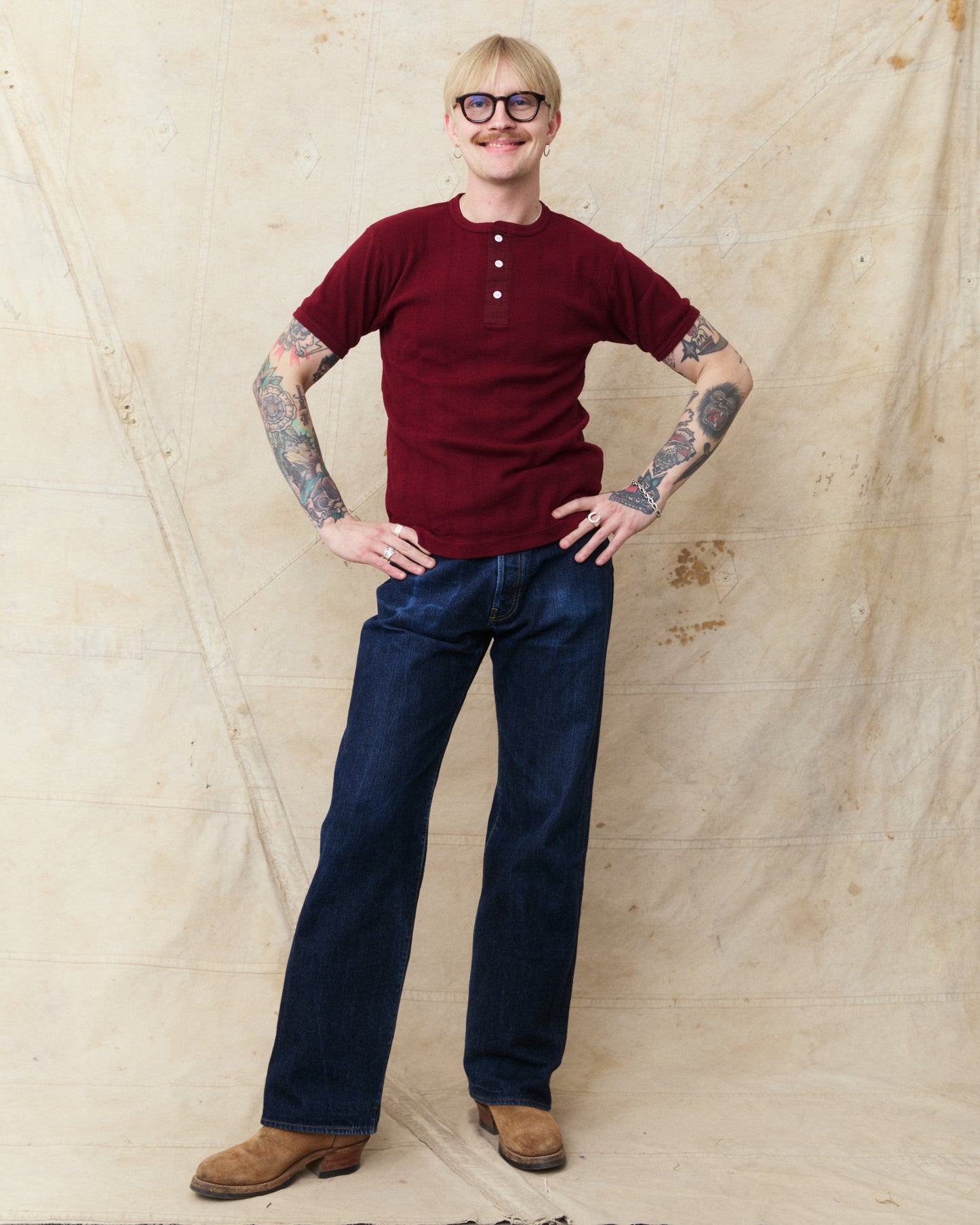 Whitesville WV79680-170 Short Sleeve Ribbed Henley Shirt Wine