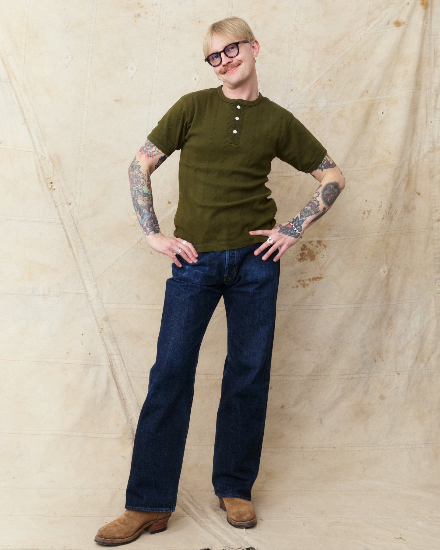 Whitesville WV79680-149 Short Sleeve Ribbed Henley Shirt Olive