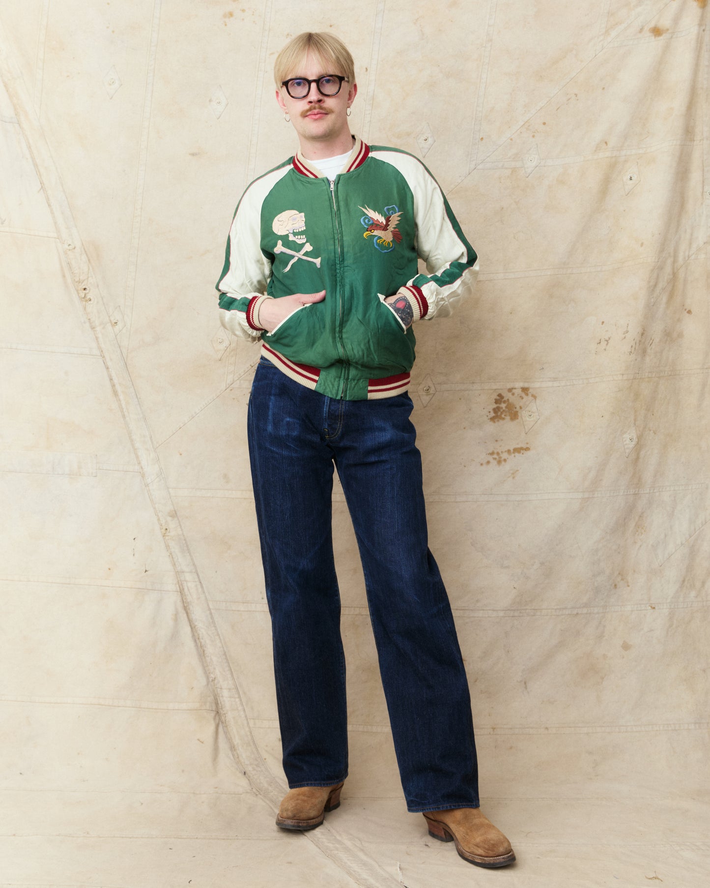 Tailor Toyo TT15878 Mid 1950s Style Acetate Souvenir Jacket "Tiger Head" X "Chevy Lover" Aging Model