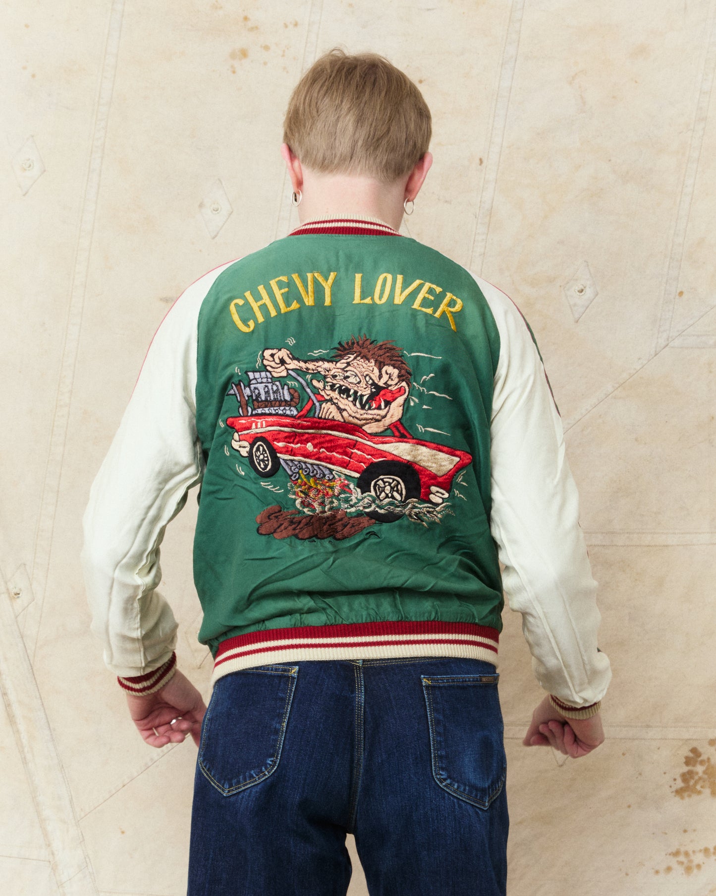 Tailor Toyo TT15878 Mid 1950s Style Acetate Souvenir Jacket "Tiger Head" X "Chevy Lover" Aging Model