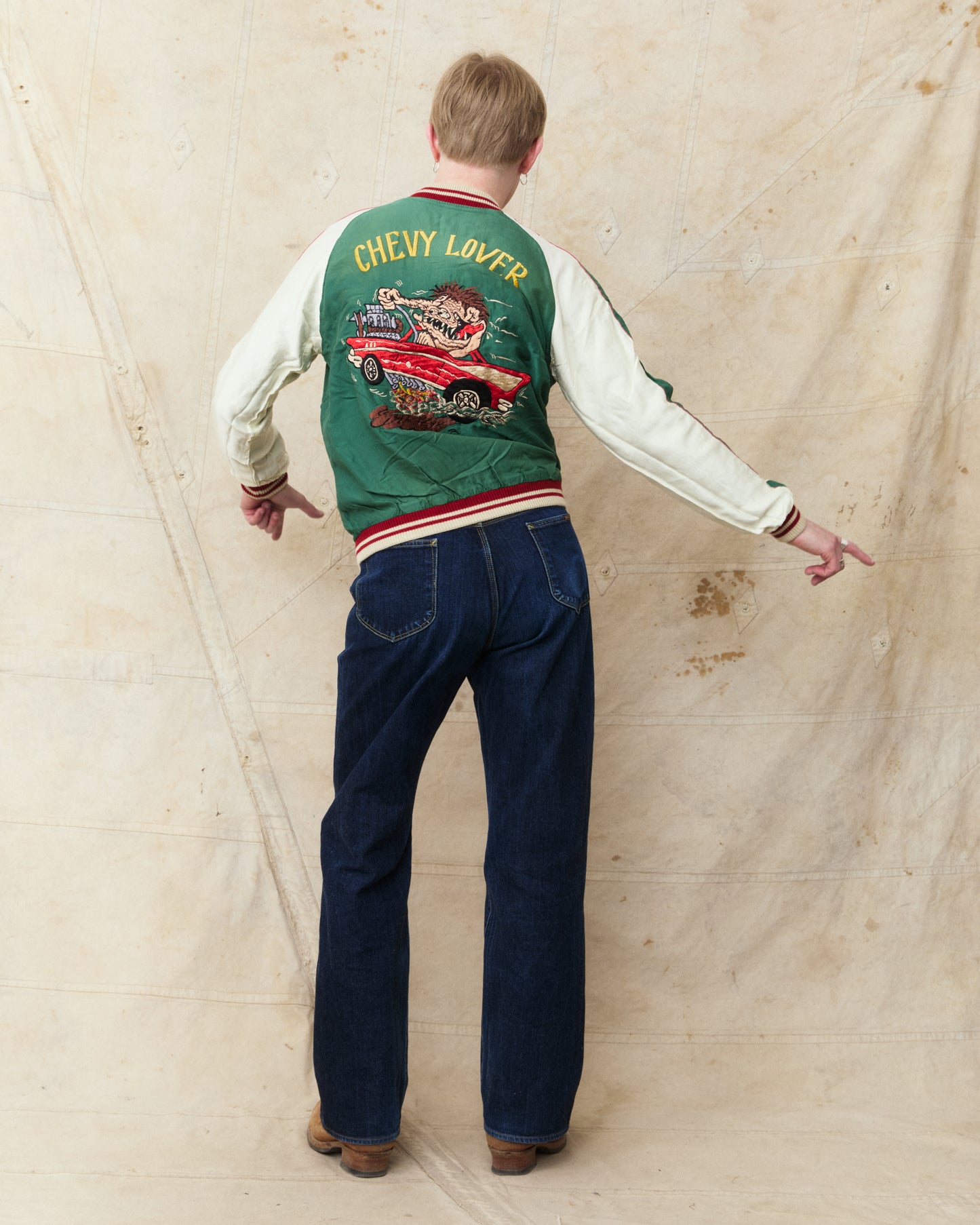 Tailor Toyo TT15878 Mid 1950s Style Acetate Souvenir Jacket "Tiger Head" X "Chevy Lover" Aging Model