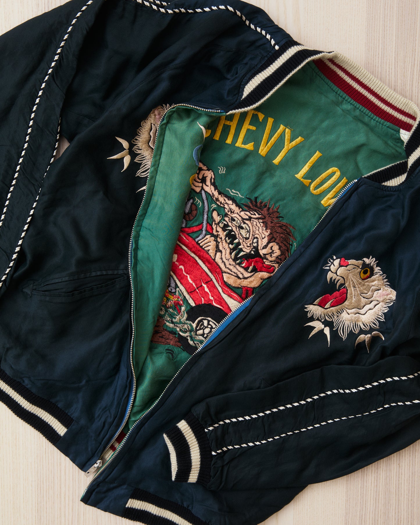 Tailor Toyo TT15878 Mid 1950s Style Acetate Souvenir Jacket "Tiger Head" X "Chevy Lover" Aging Model
