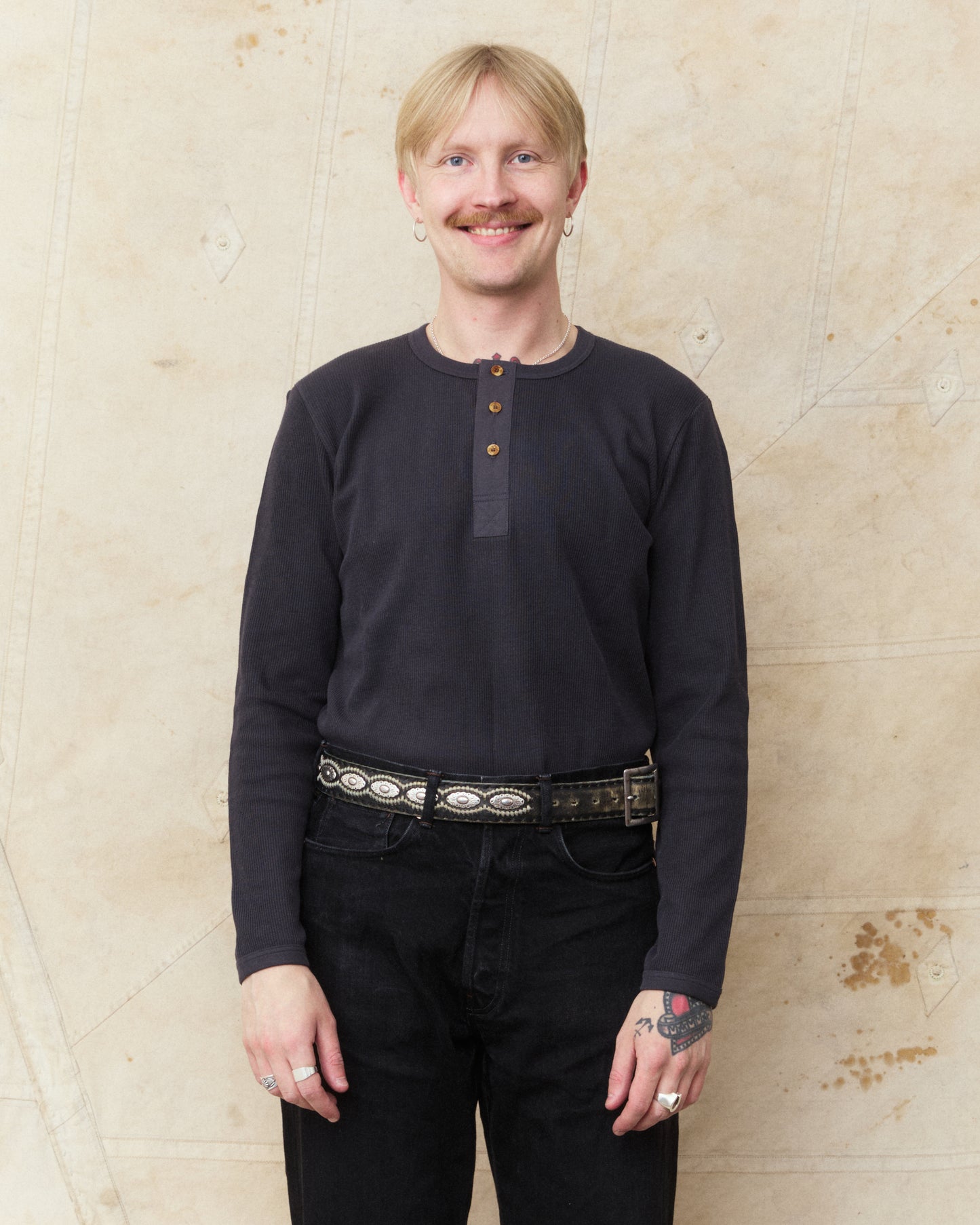 Hermansson Folktrikå Long Sleeve Ribbed Cotton Henley Shirt Grafit
