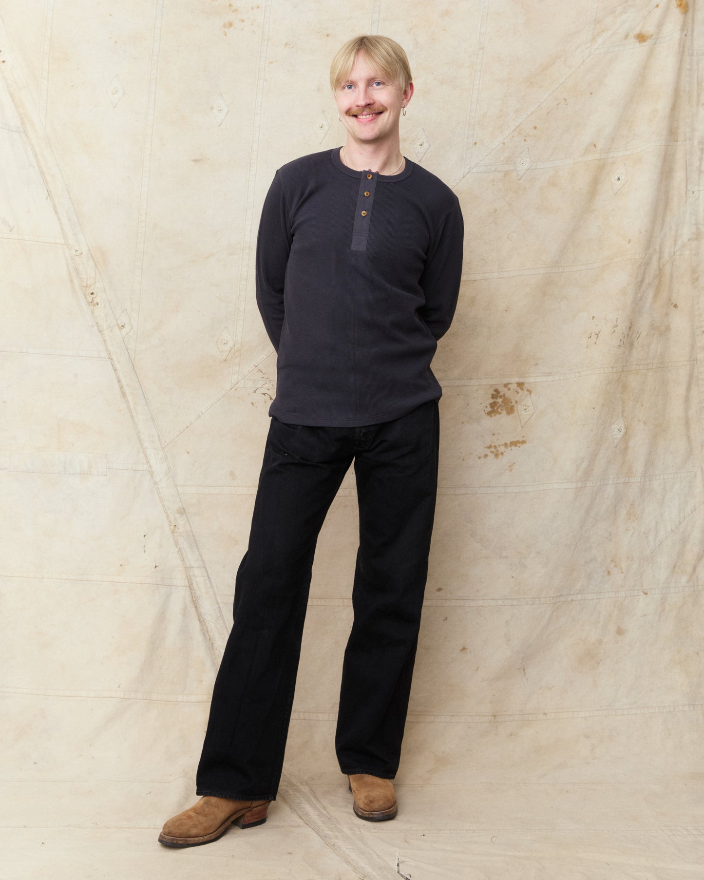Hermansson Folktrikå Long Sleeve Ribbed Cotton Henley Shirt Grafit