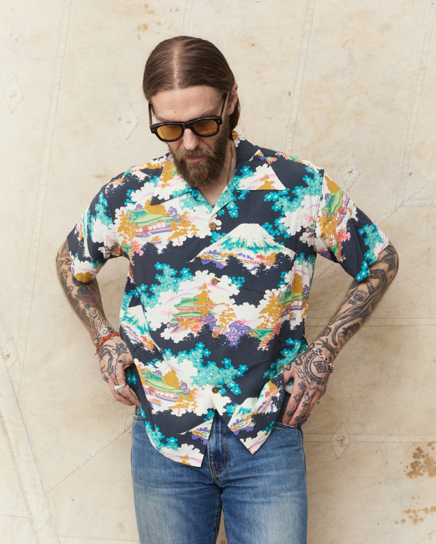 Sun Surf SS39618 Rayon Hawaiian Shirt Ancient Capital Black