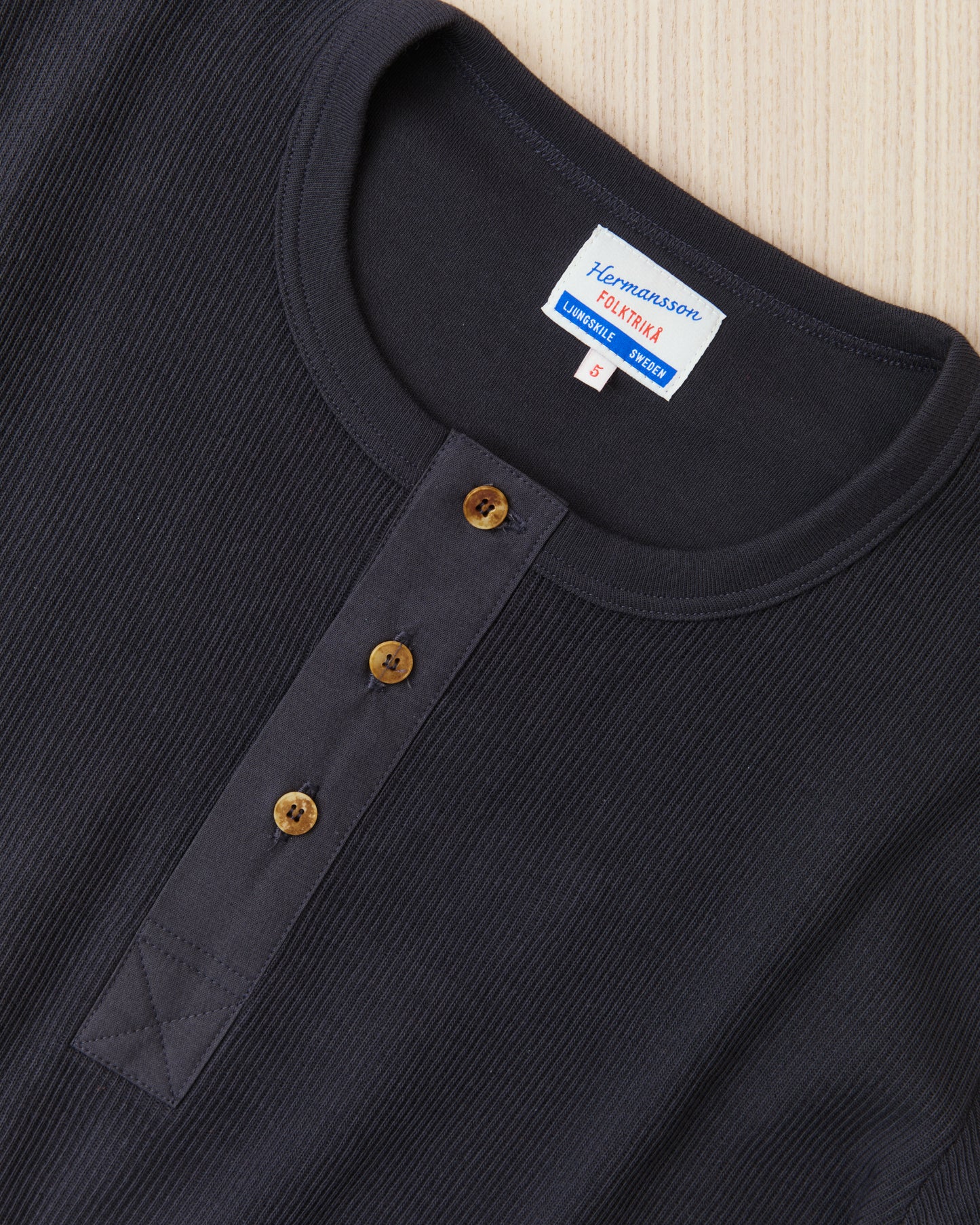 Hermansson Folktrikå Long Sleeve Ribbed Cotton Henley Shirt Grafit