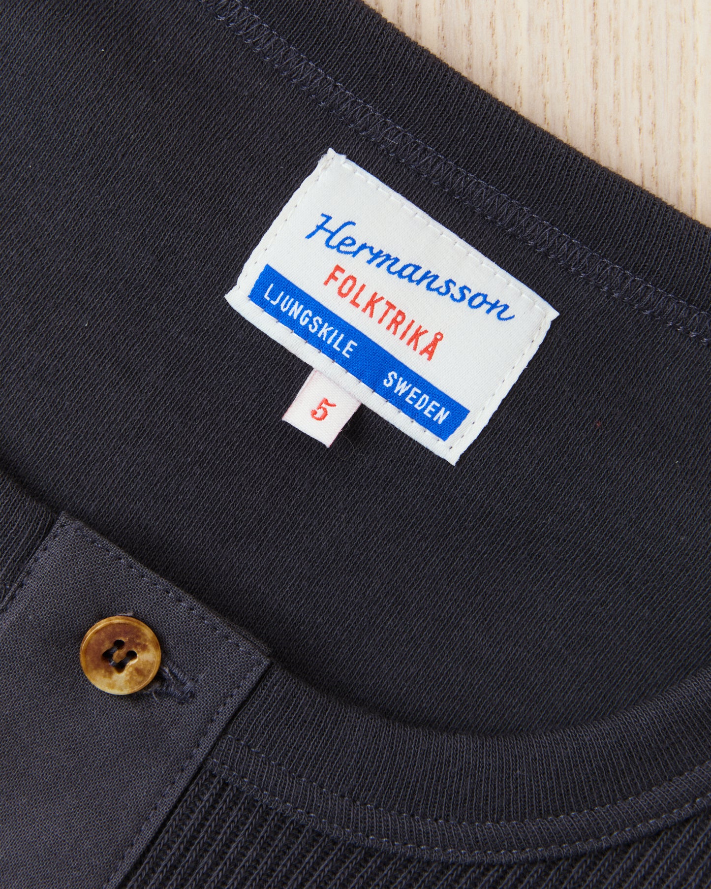Hermansson Folktrikå Long Sleeve Ribbed Cotton Henley Shirt Grafit