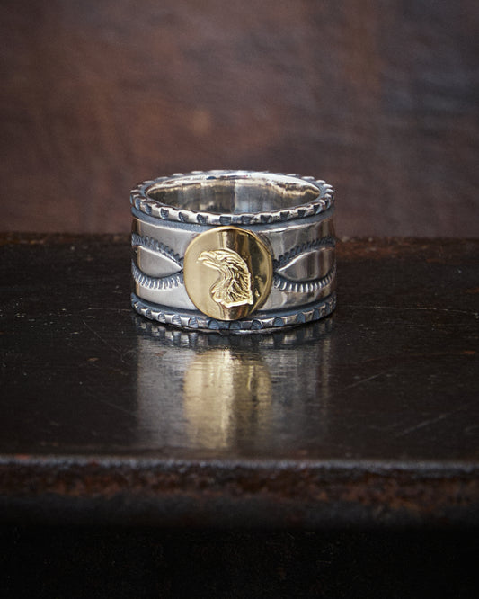 Larry Smith Eagle Head Stamped Ring No. 32 18K Gold Accent Ring EFRG-0032