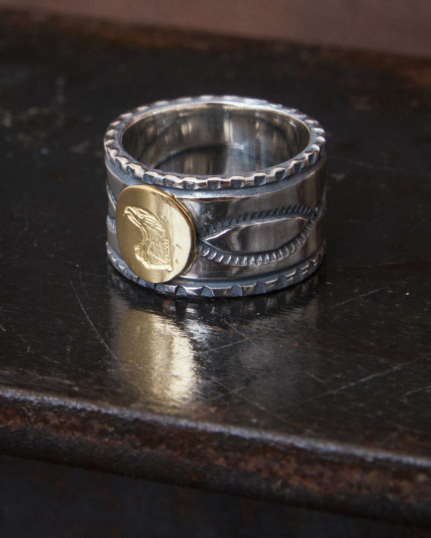 Larry Smith Eagle Head Stamped Ring No. 32 18K Gold Accent Ring EFRG-0032