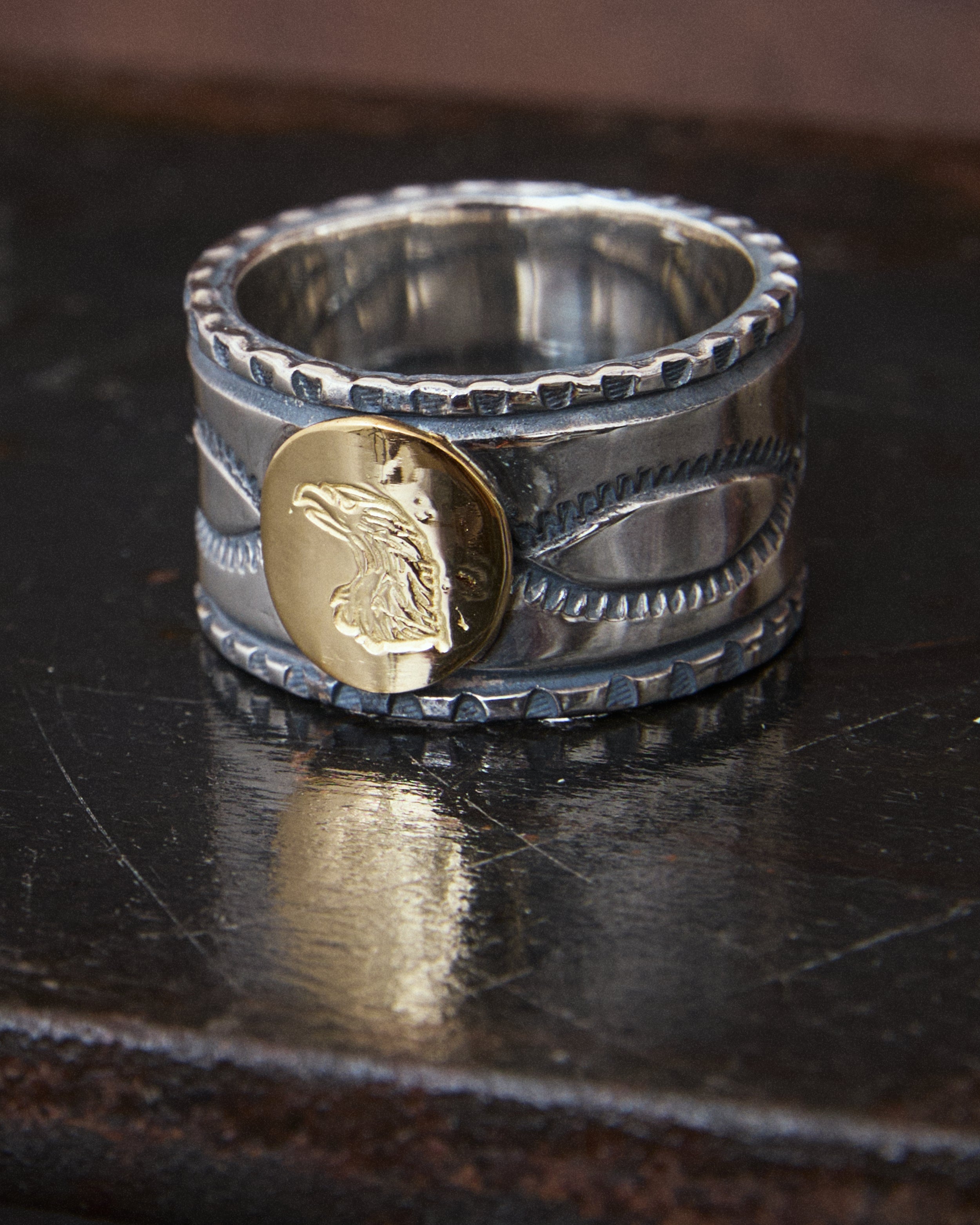 Larry Smith Eagle Head Stamped Ring No. 32 18K Gold Accent Ring