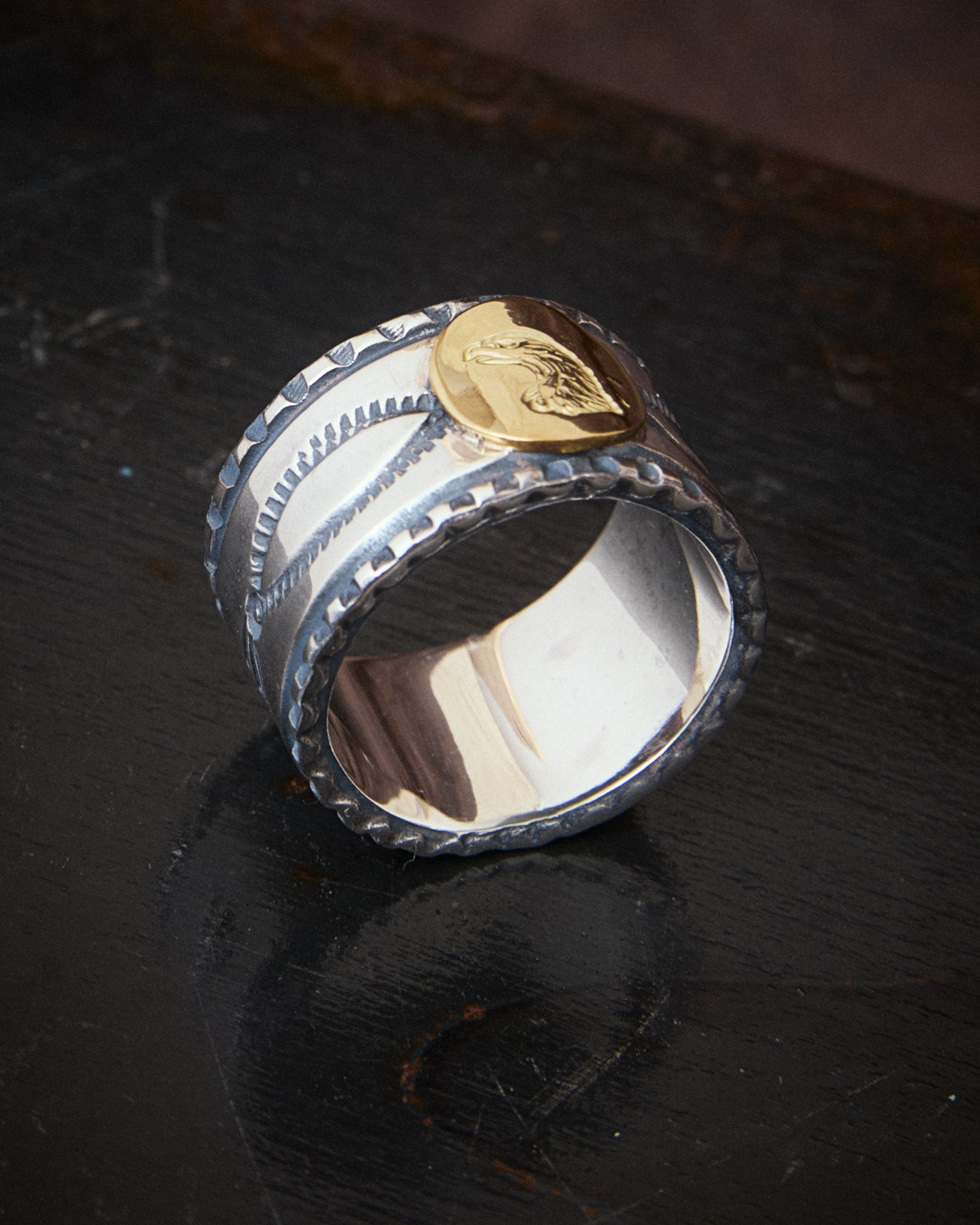 Larry Smith Eagle Head Stamped Ring No. 32 18K Gold Accent Ring