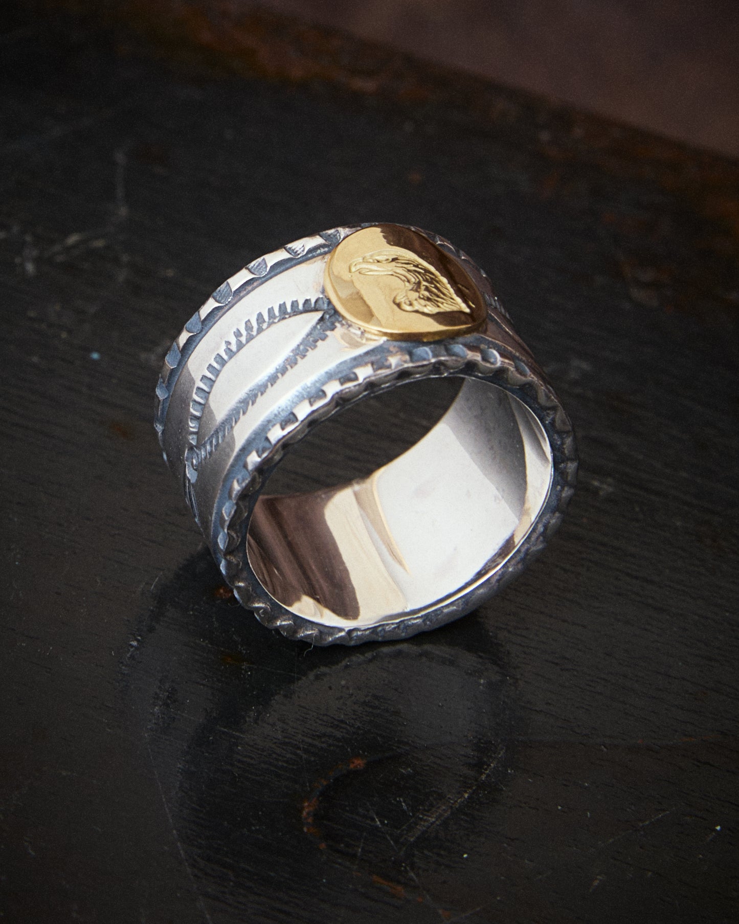 Larry Smith Eagle Head Stamped Ring No. 32 18K Gold Accent Ring EFRG-0032