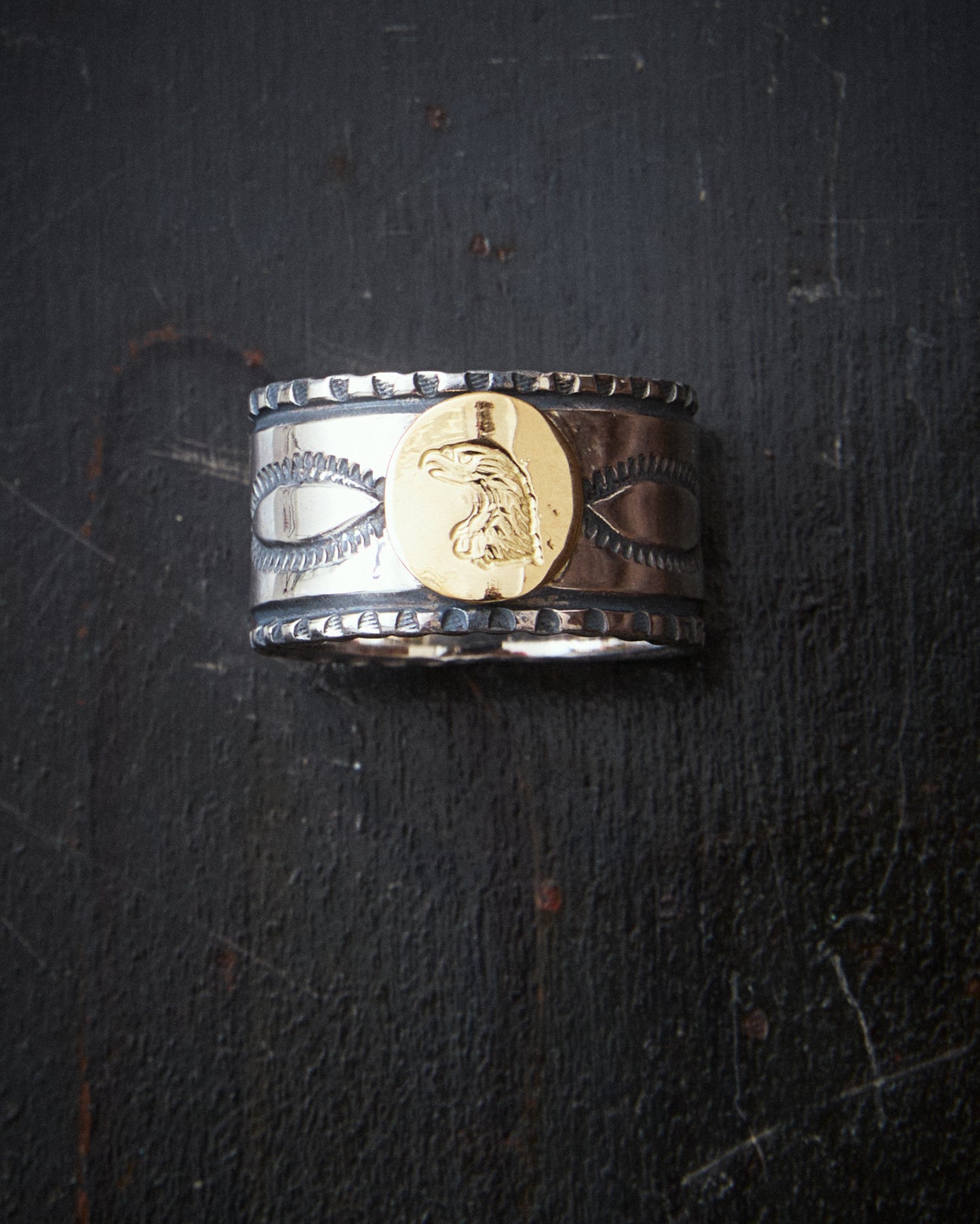Larry Smith Eagle Head Stamped Ring No. 32 18K Gold Accent Ring EFRG-0032