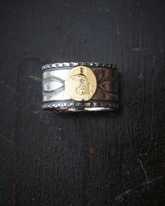 Larry Smith Eagle Head Stamped Ring No. 32 18K Gold Accent Ring EFRG-0032