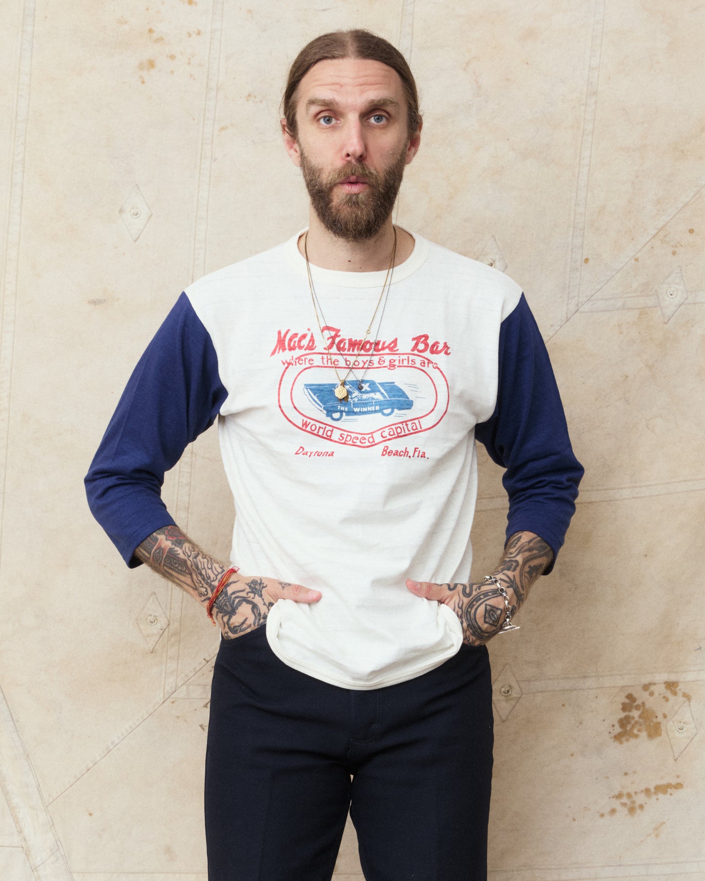 Warehouse & Co Lot 4800 Three-Quarter Sleeve Baseball Shirt "Mac´s Famous Bar" Cream/Navy
