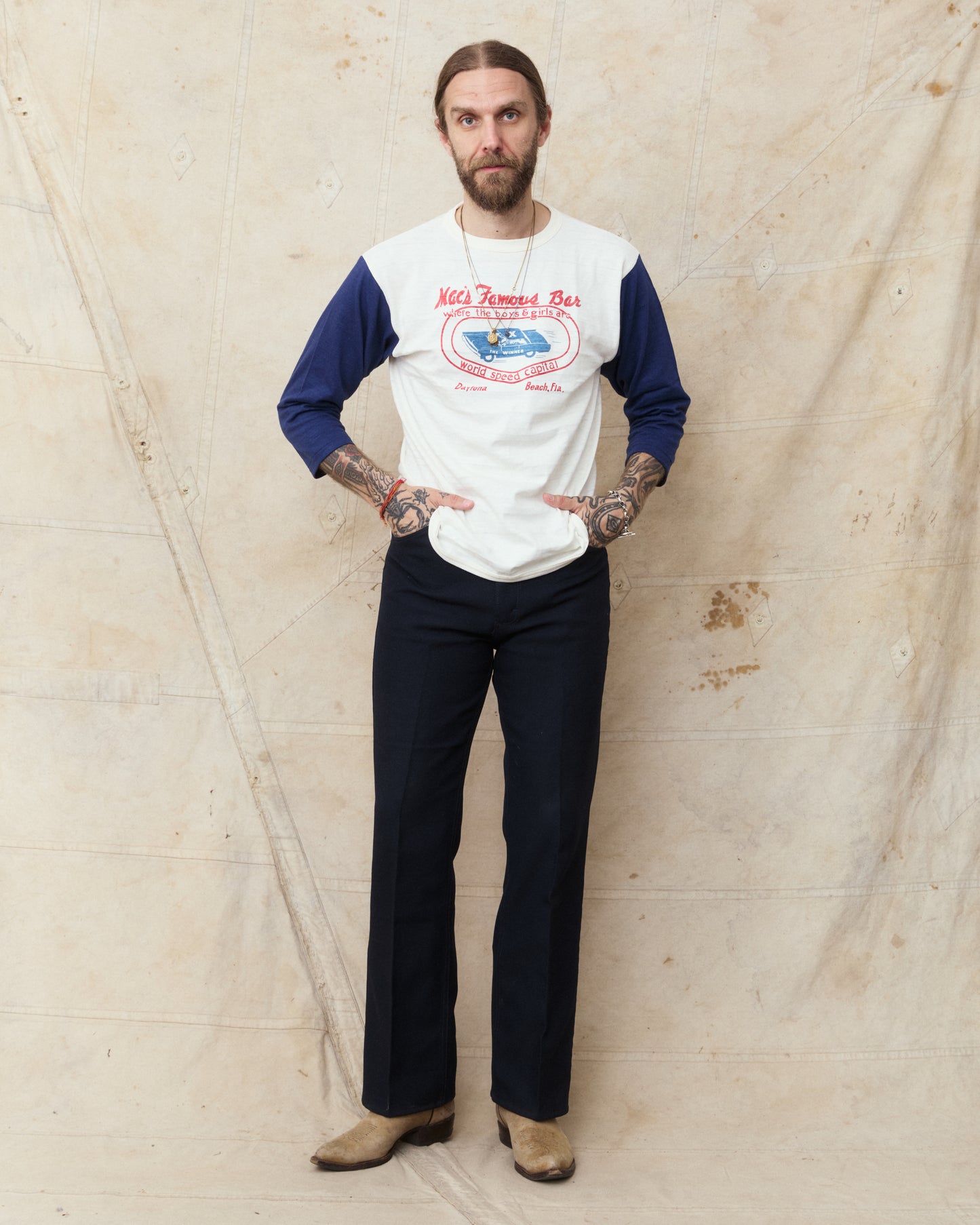 Warehouse & Co Lot 4800 Three-Quarter Sleeve Baseball Shirt "Mac´s Famous Bar" Cream/Navy