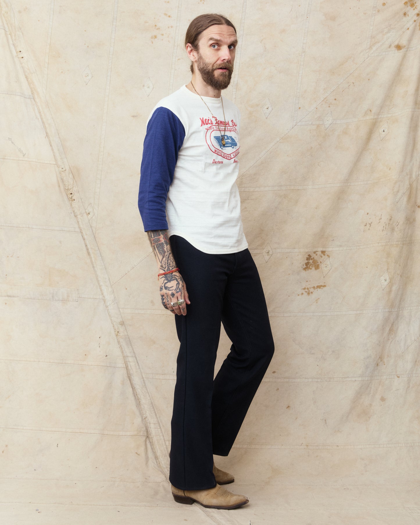 Warehouse & Co Lot 4800 Three-Quarter Sleeve Baseball Shirt "Mac´s Famous Bar" Cream/Navy