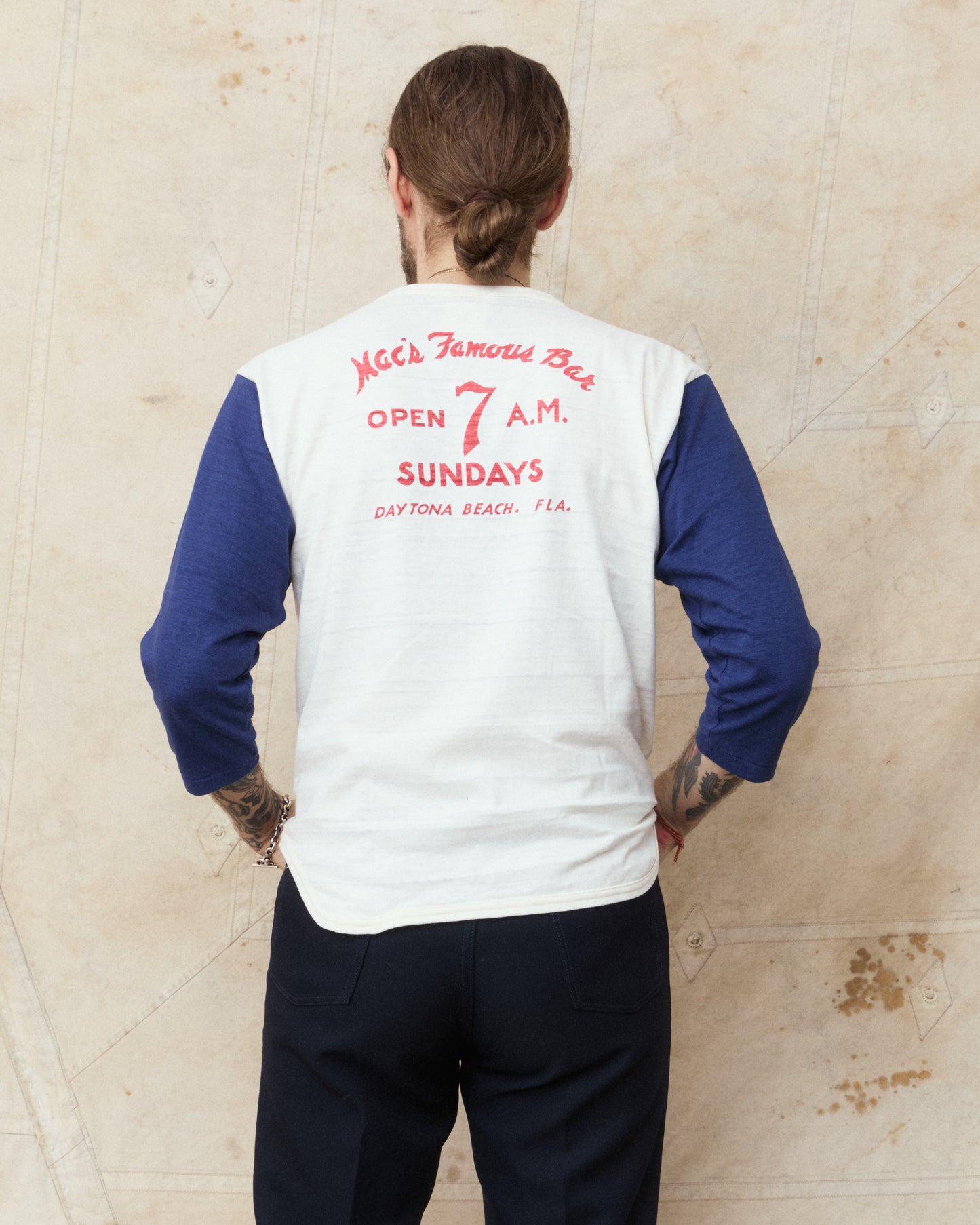Warehouse & Co Lot 4800 Three-Quarter Sleeve Baseball Shirt "Mac´s Famous Bar" Cream/Navy