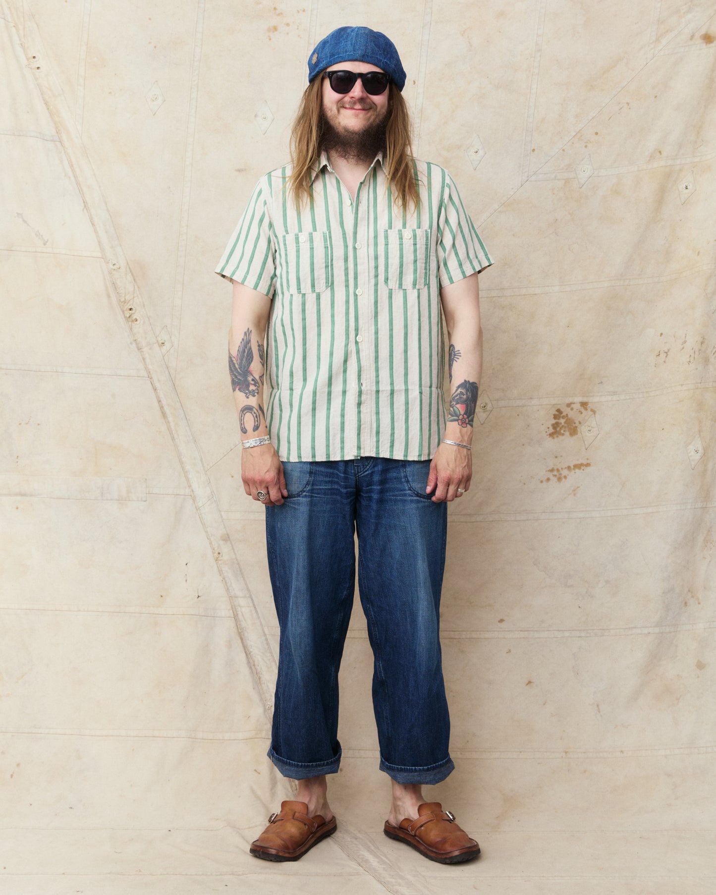 Sugar Cane & Co SC39727 Cotton/Linen Dobby Herringbone Short Sleeve Work Shirt Green