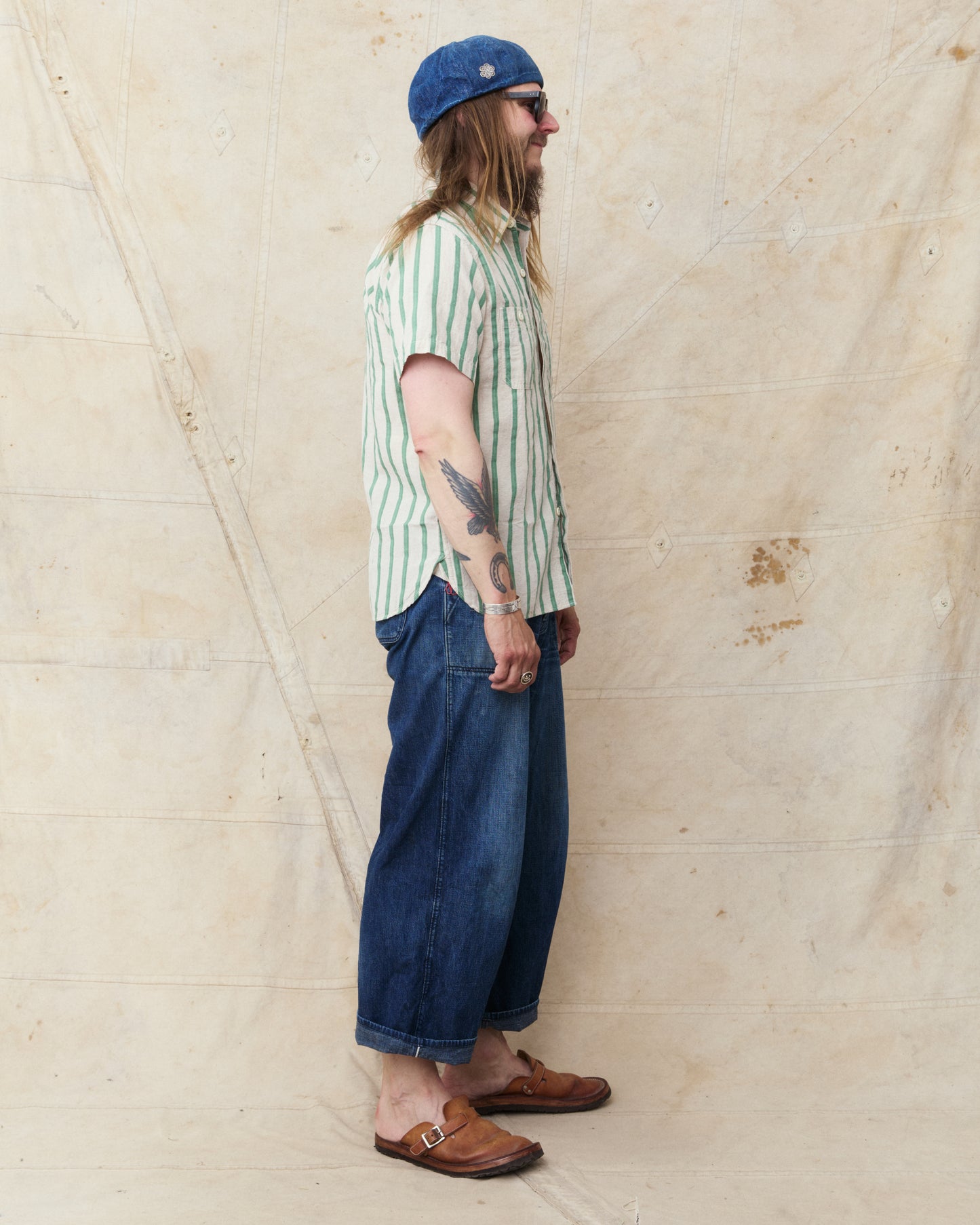 Sugar Cane & Co SC39727 Cotton/Linen Dobby Herringbone Short Sleeve Work Shirt Green