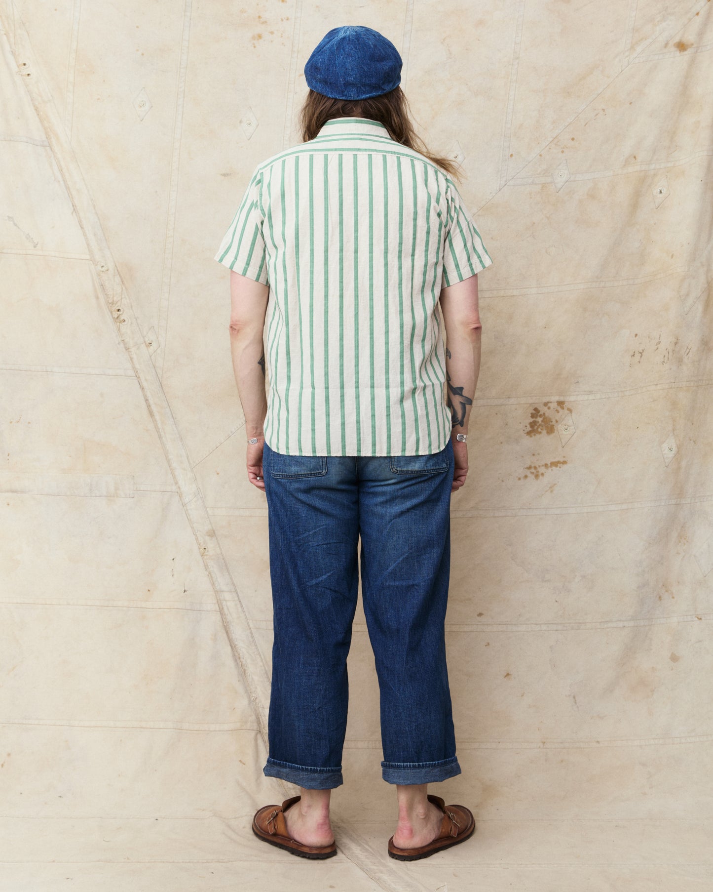 Sugar Cane & Co SC39727 Cotton/Linen Dobby Herringbone Short Sleeve Work Shirt Green