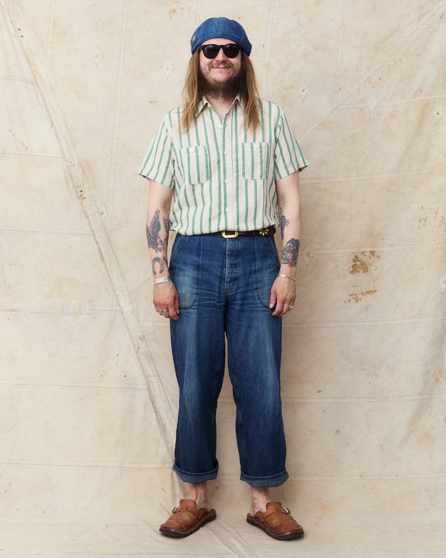 Sugar Cane & Co SC39727 Cotton/Linen Dobby Herringbone Short Sleeve Work Shirt Green