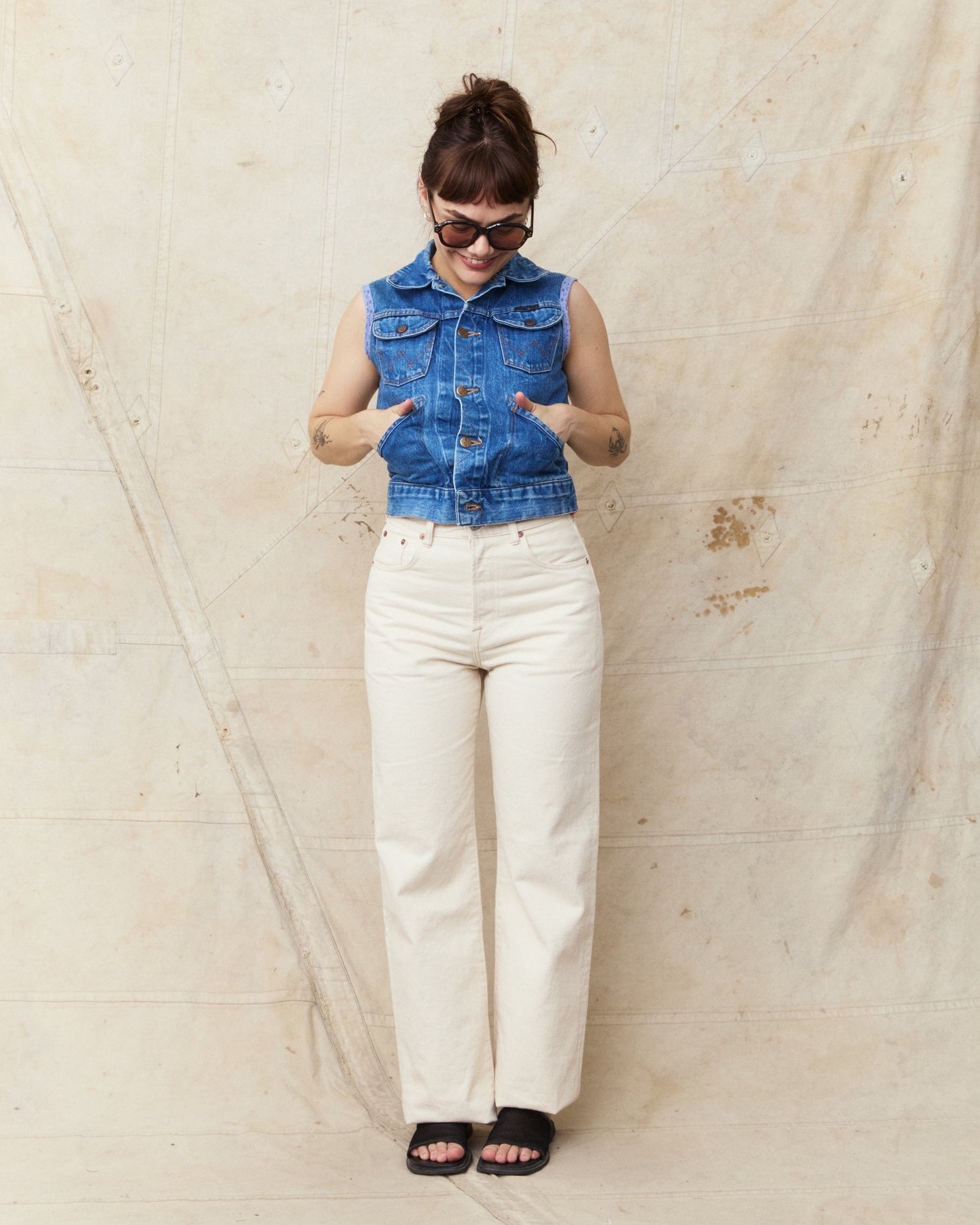 Indigofera Roslyn Women's Jeans Uneven Broken Twill Ecru