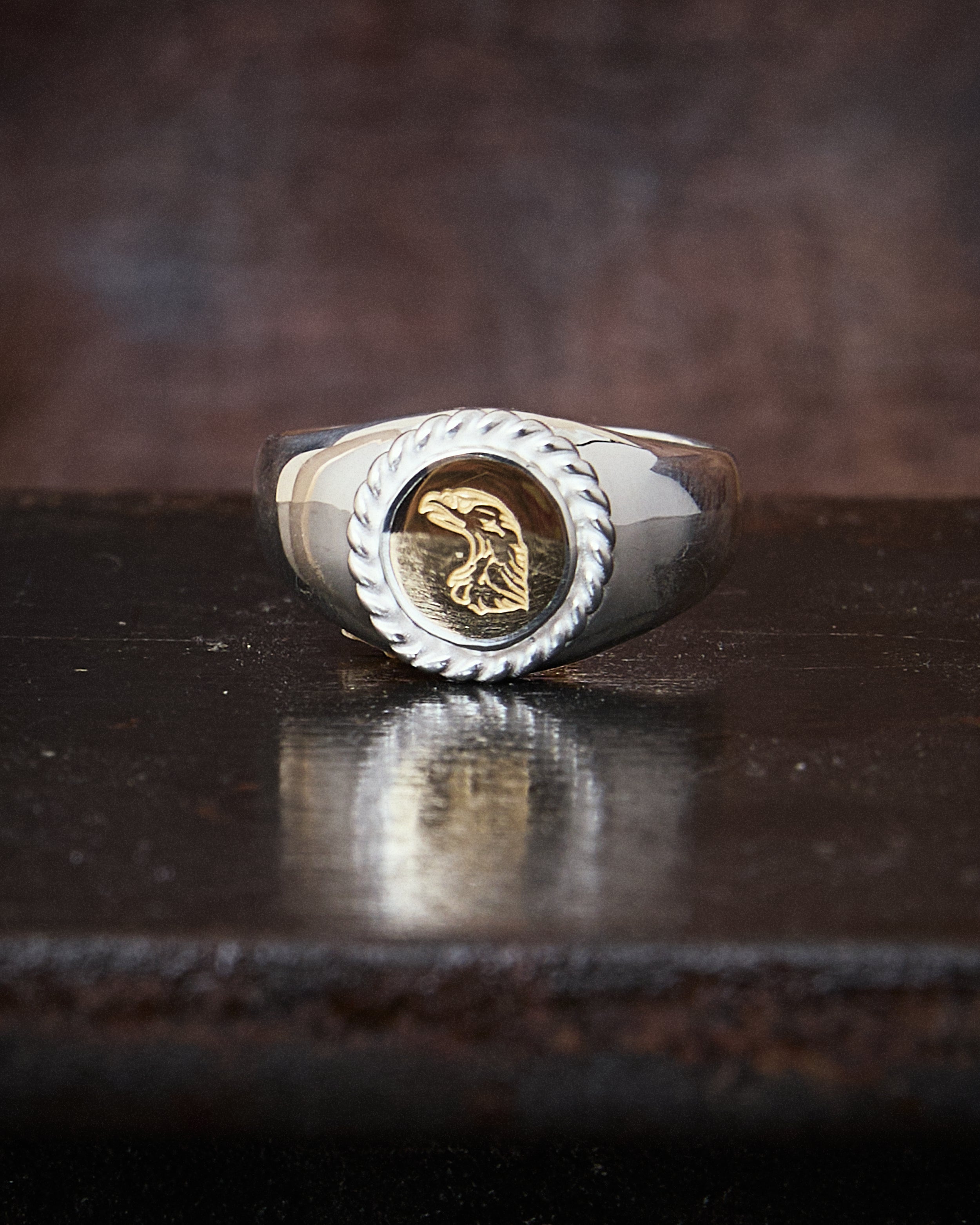 Larry Smith Eagle Head Stamped Ring No. 36 18K Gold Accent Ring