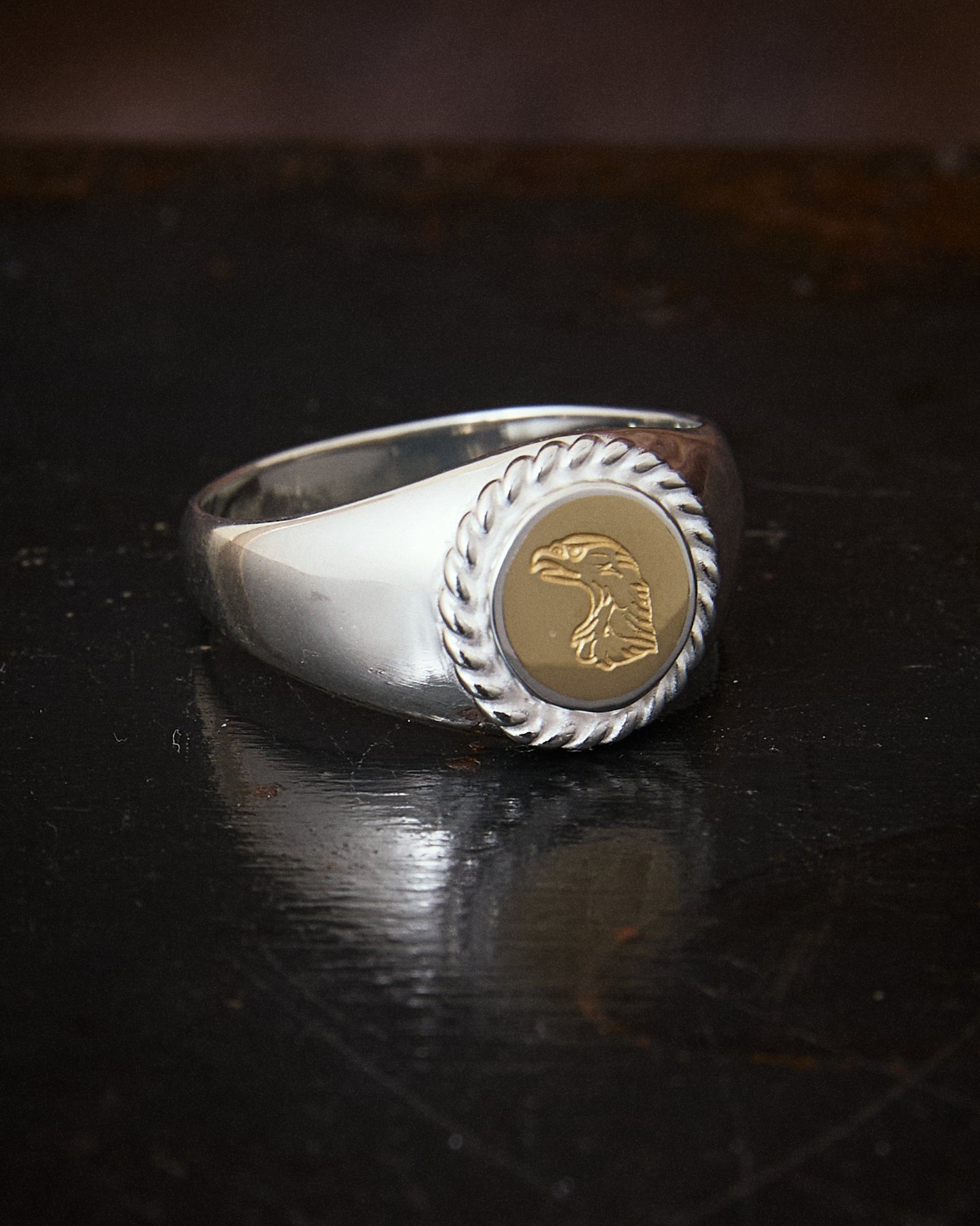 Larry Smith Eagle Head Stamped Ring No. 36 18K Gold Accent Ring EFRG-0036