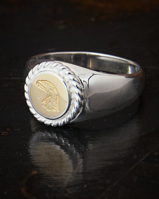 Larry Smith Eagle Head Stamped Ring No. 36 18K Gold Accent Ring EFRG-0036