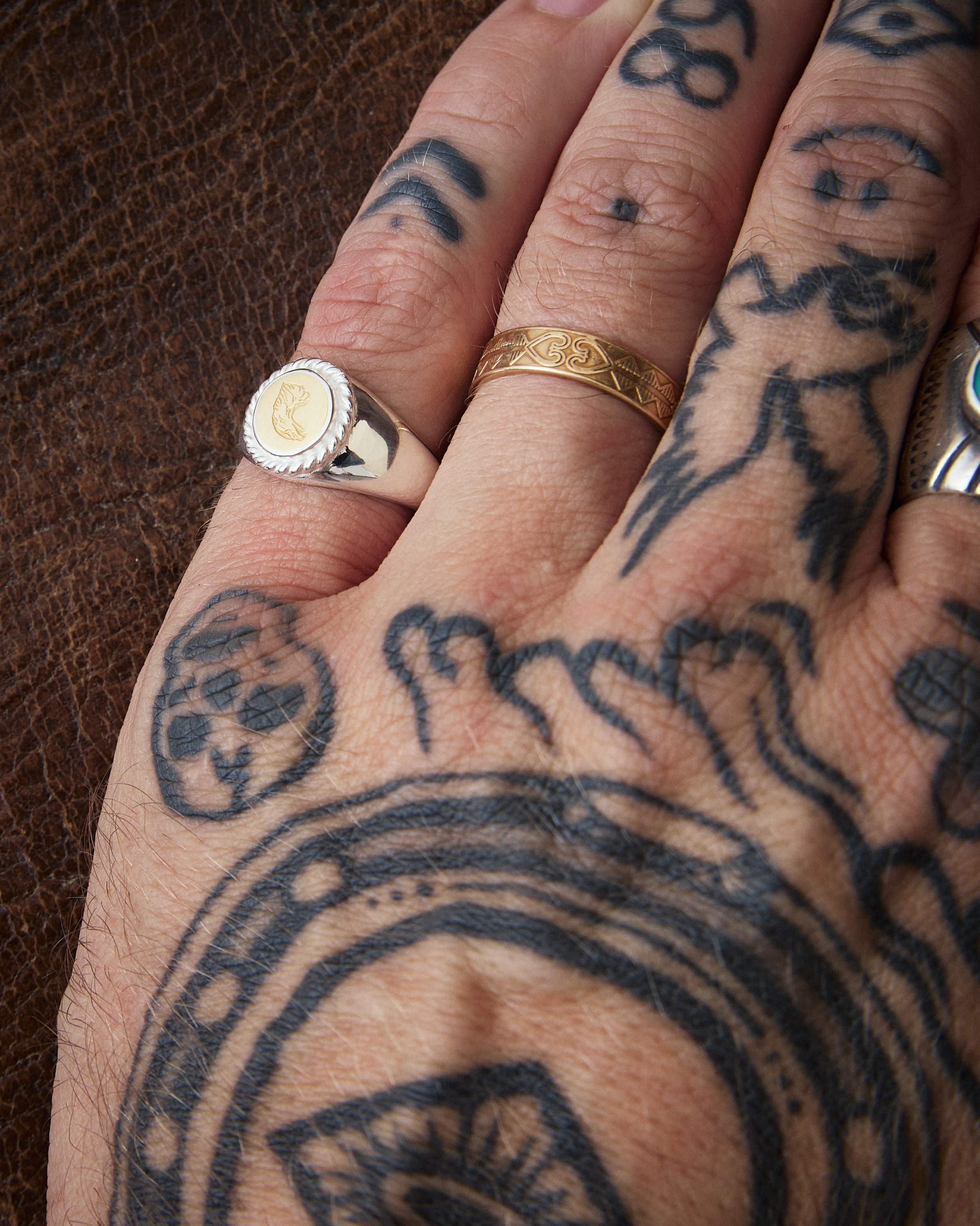 Larry Smith Eagle Head Stamped Ring No. 36 18K Gold Accent Ring