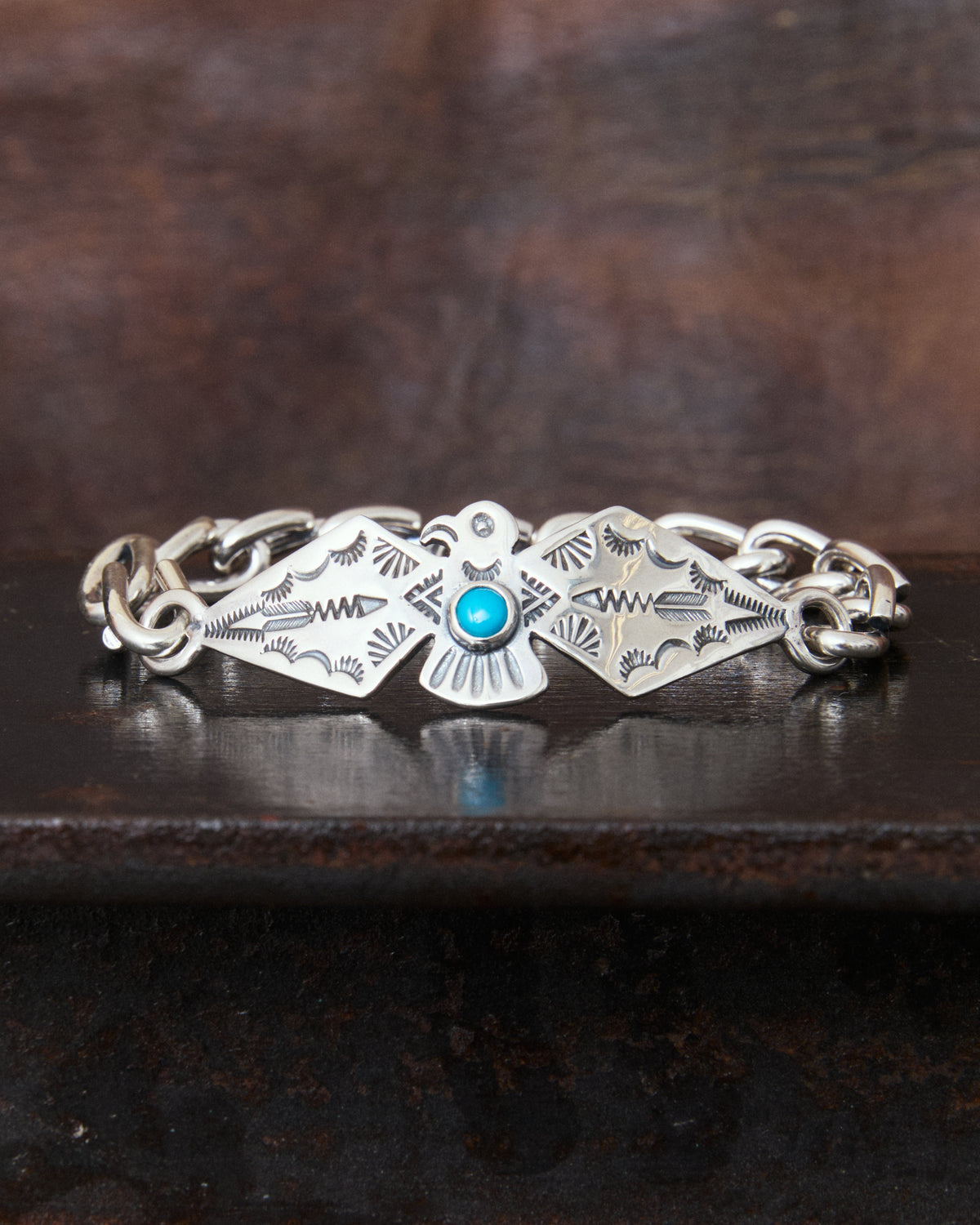 Larry Smith Thunderbird Chain Turquoise Bracelet BR-0099