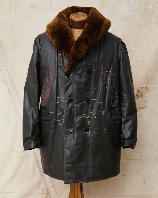 Vintage US World War II US Navy Oilskin Foul Weather Fur Lined Coat Size 46