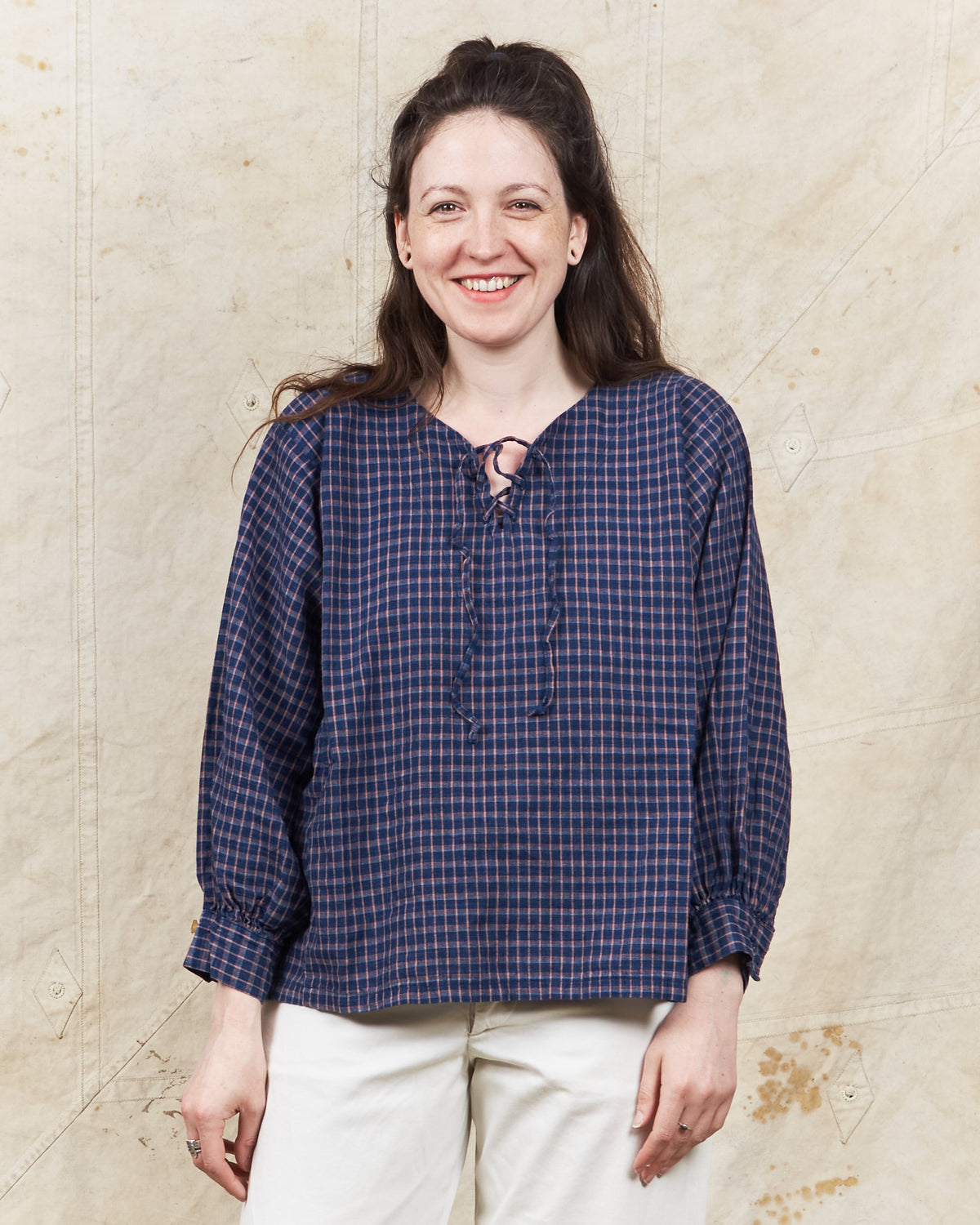 OrSlow Cotton/Linen Indigo Check Lace Up Shirt
