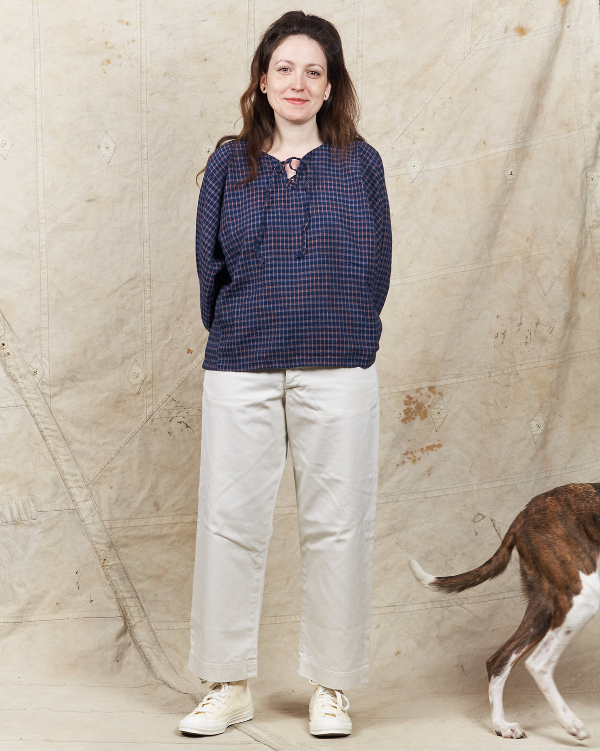 OrSlow Cotton/Linen Indigo Check Lace Up Shirt