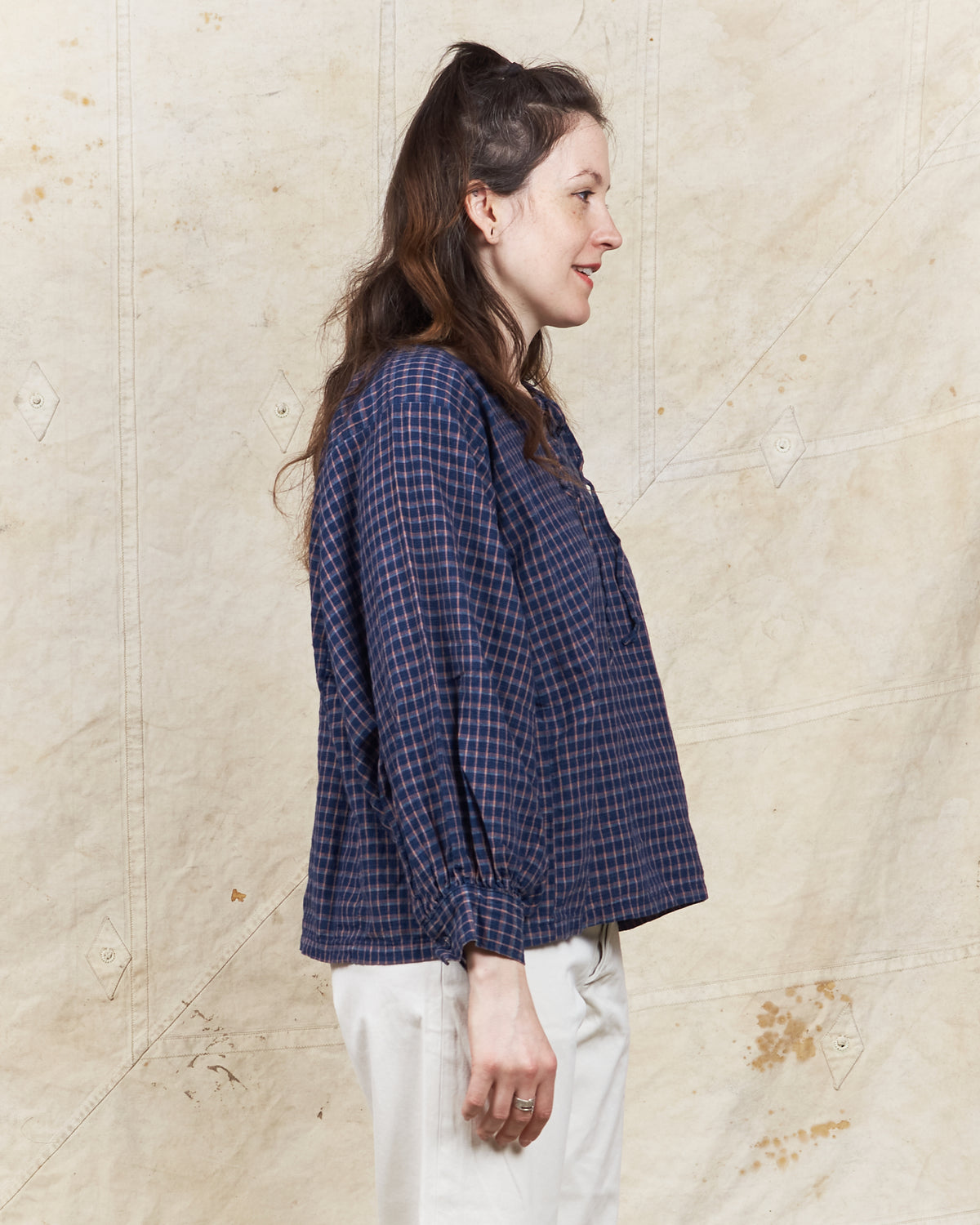 OrSlow Cotton/Linen Indigo Check Lace Up Shirt