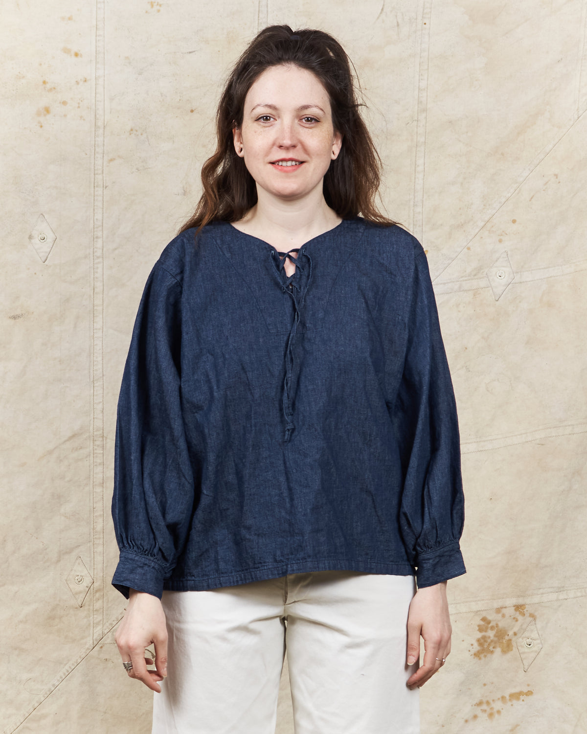 OrSlow Cotton/Linen Denim Lace Up Shirt