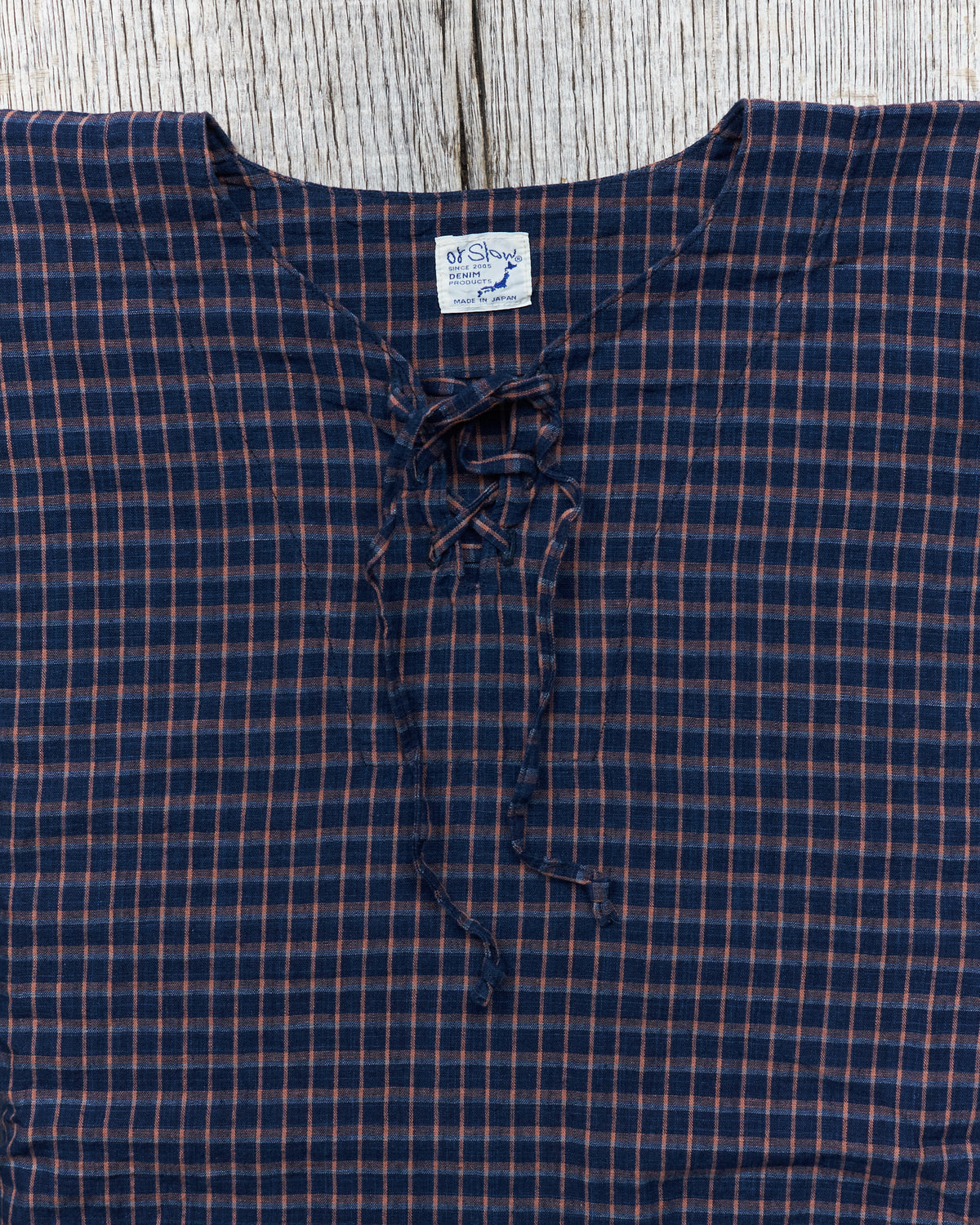 OrSlow Cotton/Linen Indigo Check Lace Up Shirt