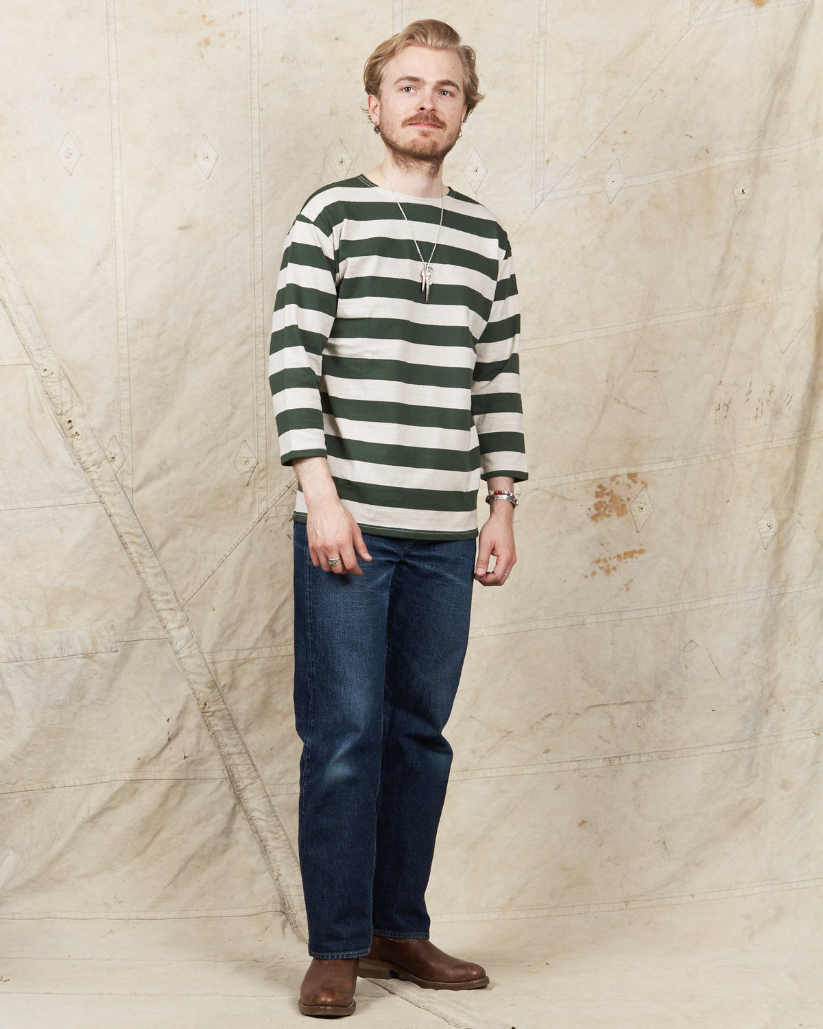Warehouse & Co. Lot 4051 Three Quarter Shirt Green / Oatmeal