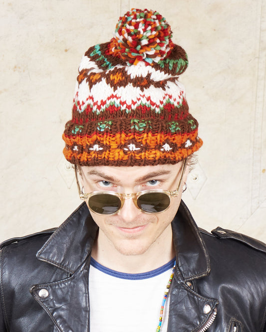 Chamula Double Cuff Wool Cap Fair Isle #3 Brown Heather