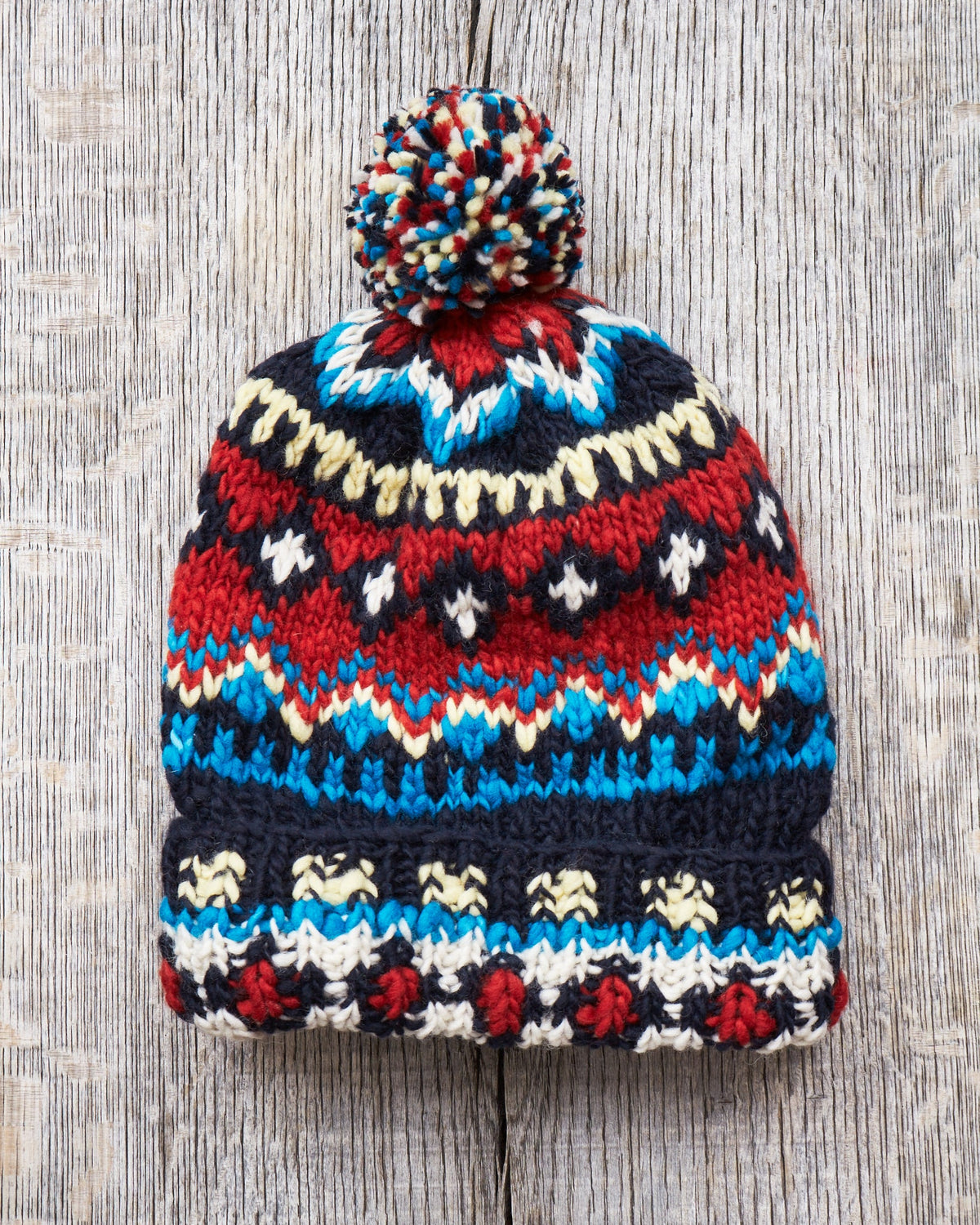 Chamula Double Cuff Wool Cap Fair Isle Navy #3