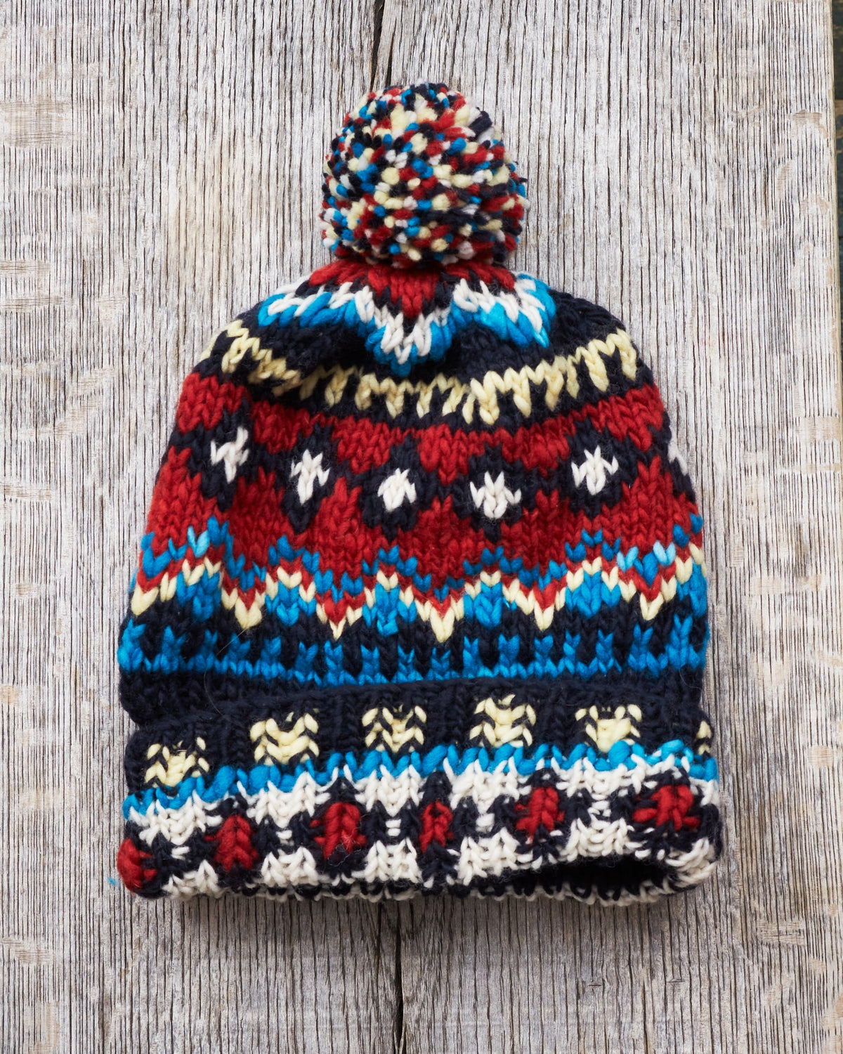 Chamula Double Cuff Wool Cap Fair Isle Navy #3