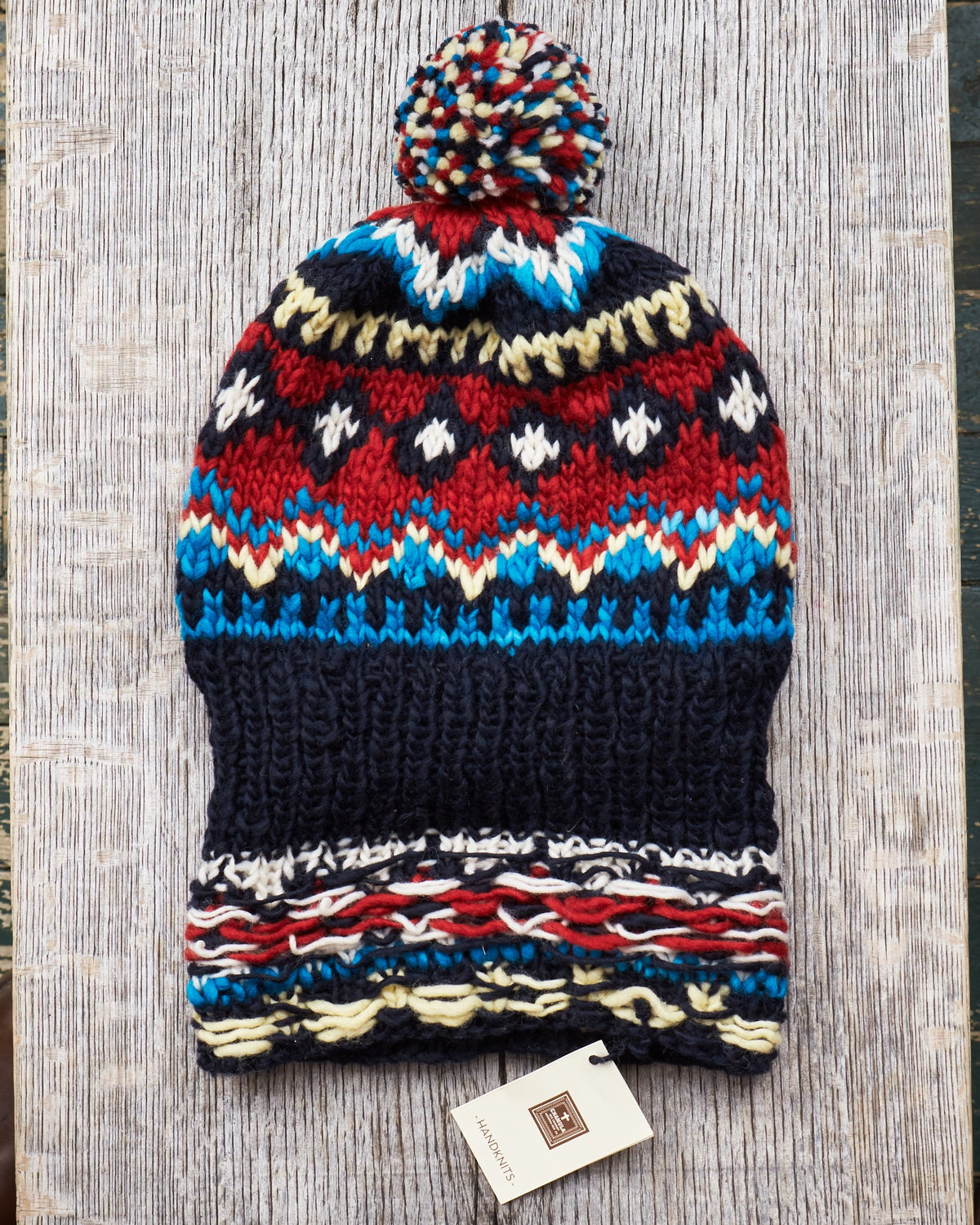 Chamula Double Cuff Wool Cap Fair Isle Navy #3