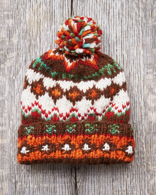 Chamula Double Cuff Wool Cap Fair Isle #3 Brown Heather