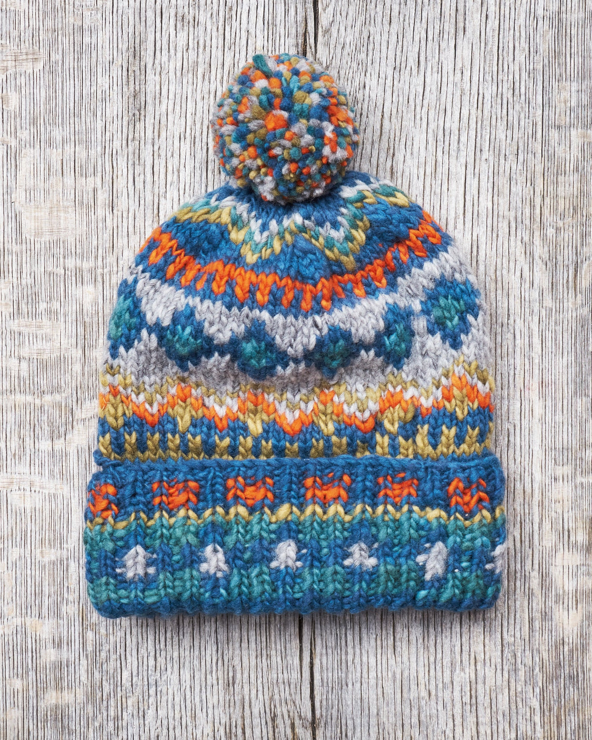Chamula Double Cuff Wool Cap Fair Isle #3 Dk. Real Indigo